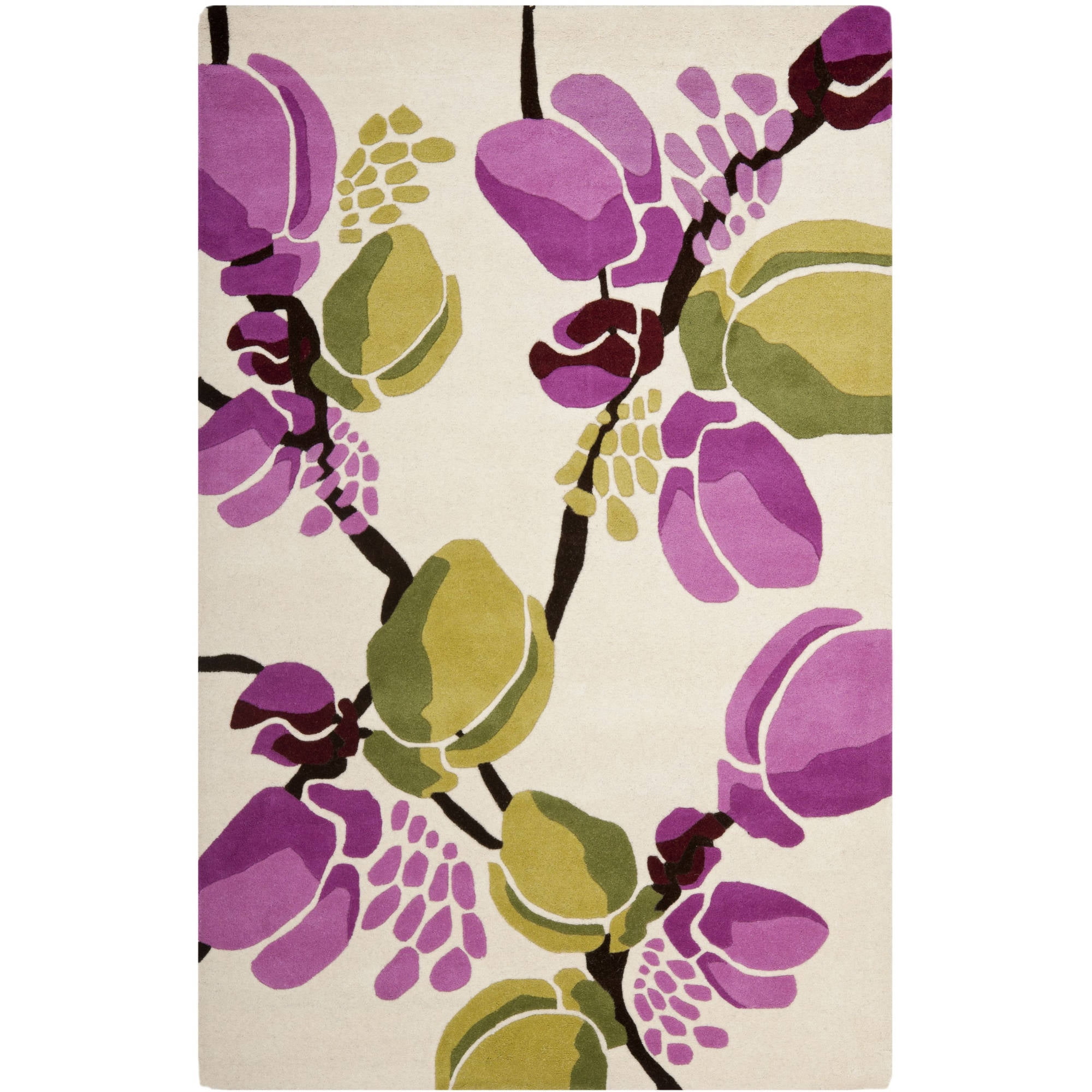 Ivory and Pink Floral Hand-Tufted Wool Area Rug, 5' x 8'