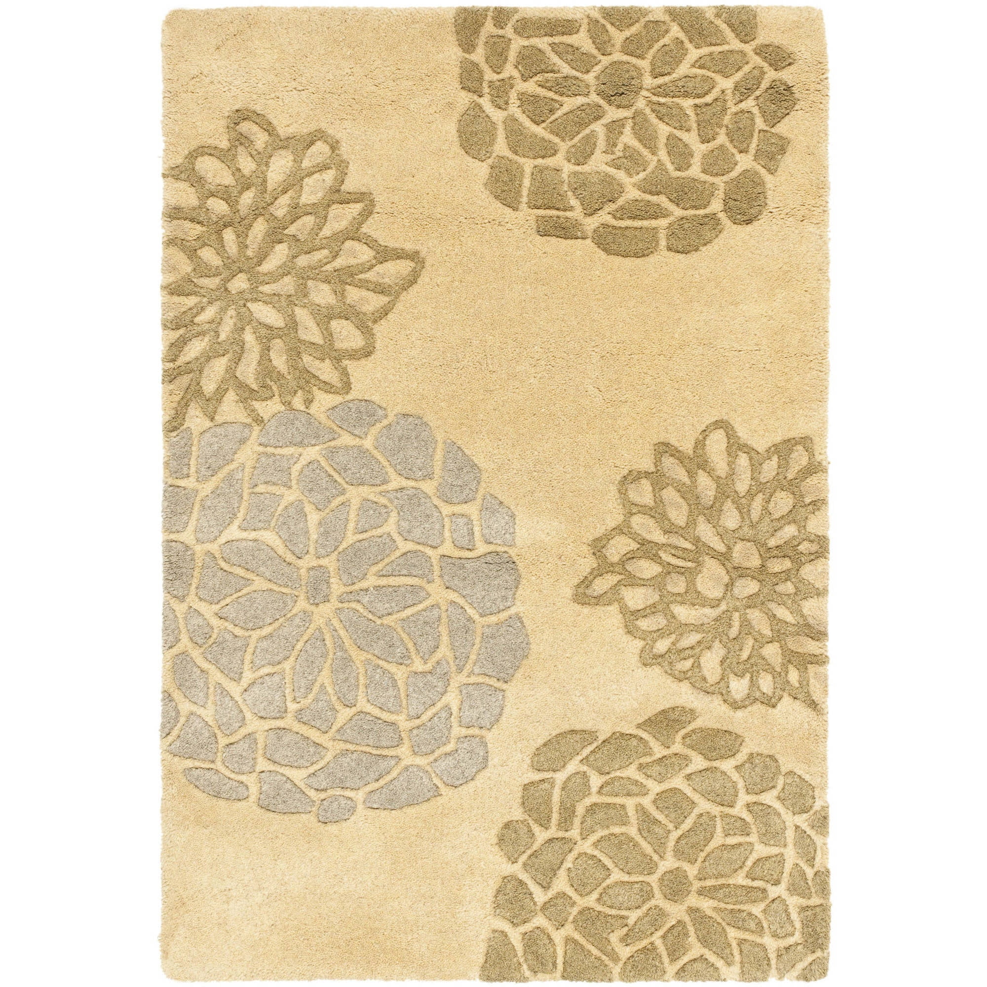 Beige and Gray Hand-Tufted Wool Floral Area Rug