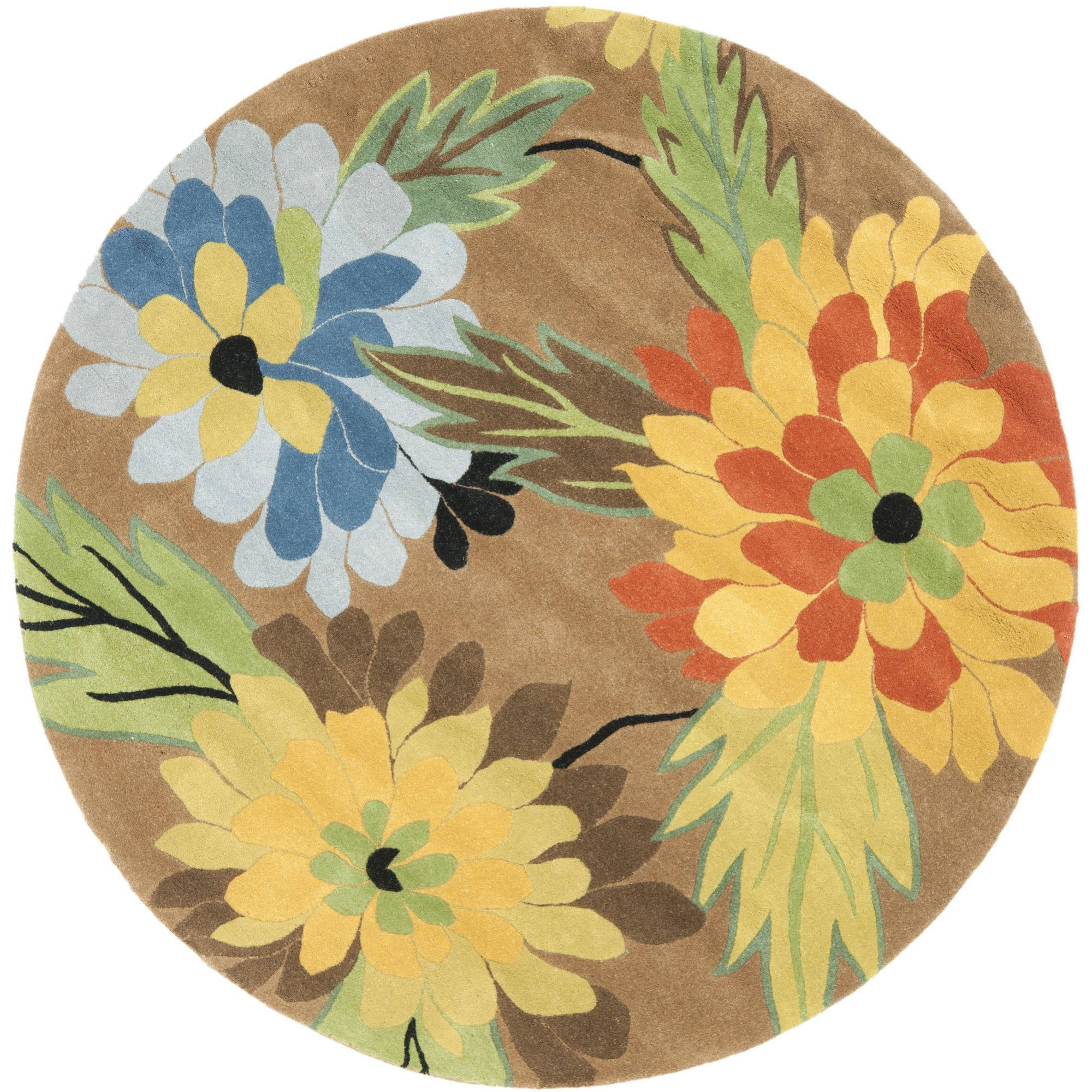Handmade Round Floral Brown Wool and Viscose Rug