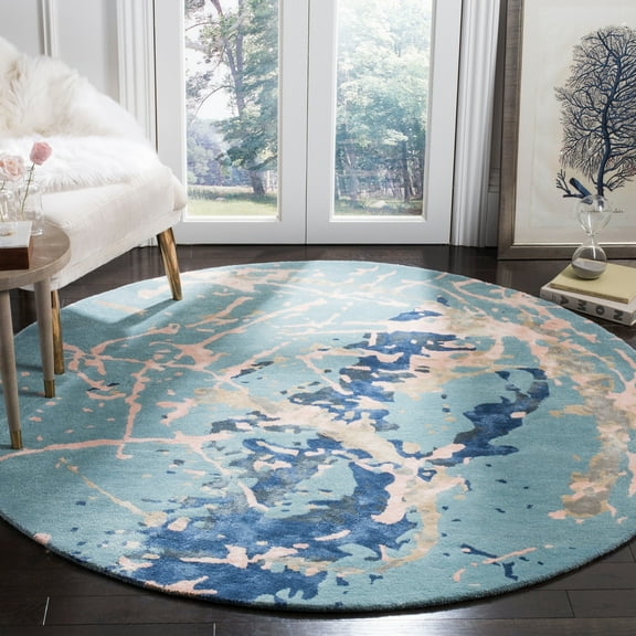 SAFAVIEH Soho Daffodil Abstract Area Rug, Blue/Light Pink, 6' x 6' Round