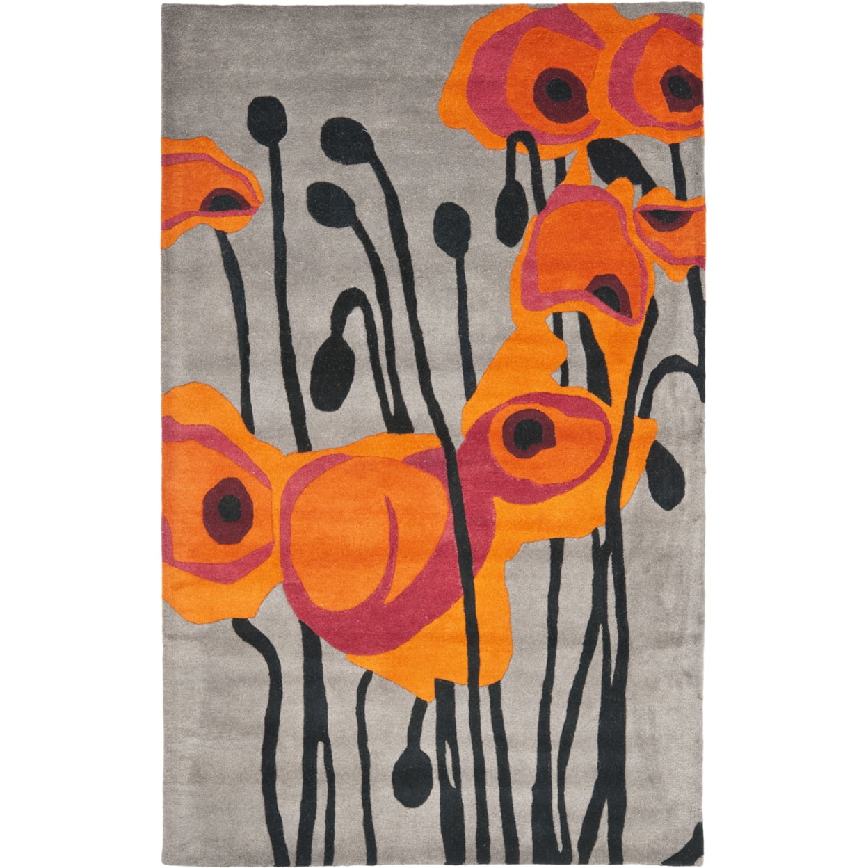 Gray and Orange Floral Hand-Tufted Wool Area Rug, 6' x 9'