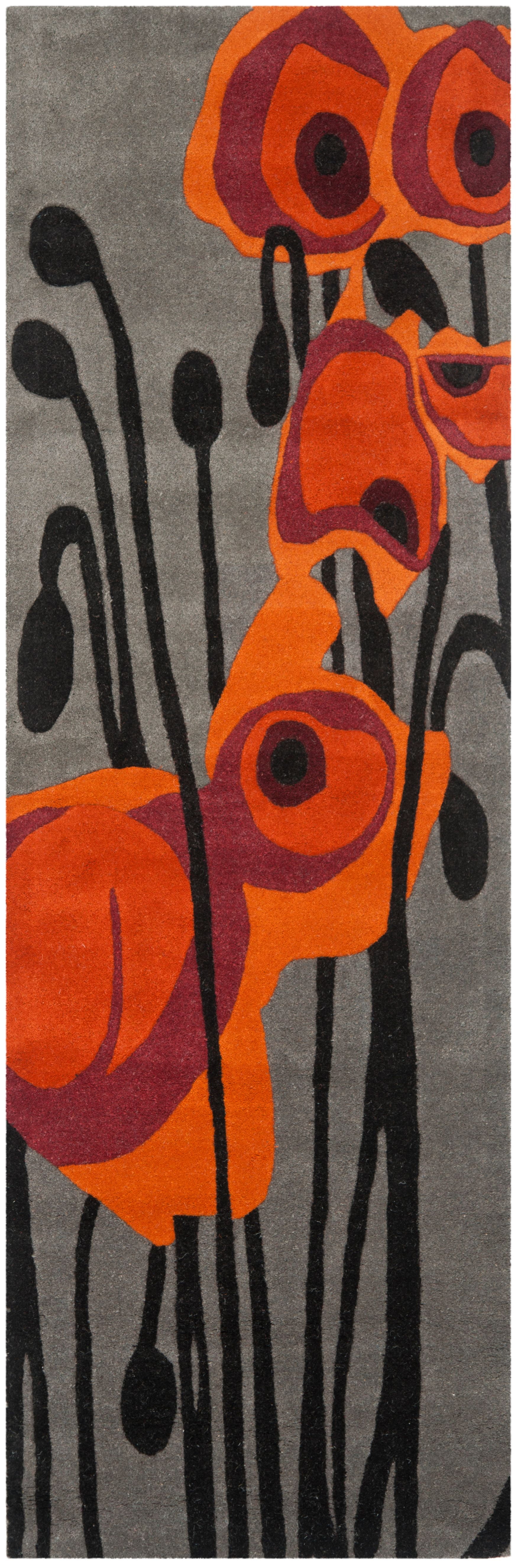 Grey and Orange Floral Wool Runner Rug, 2'6" x 6'