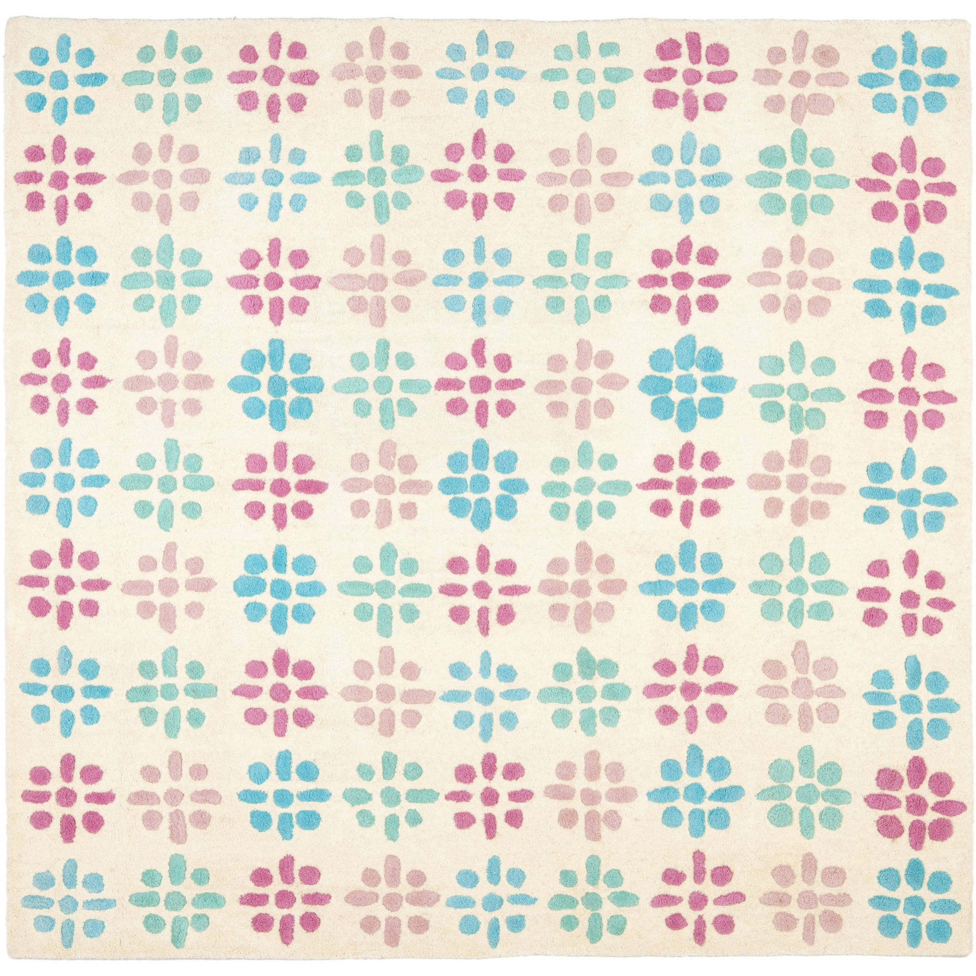 Ivory and Multi-Colored Tufted Wool Square Rug, 6' x 6'