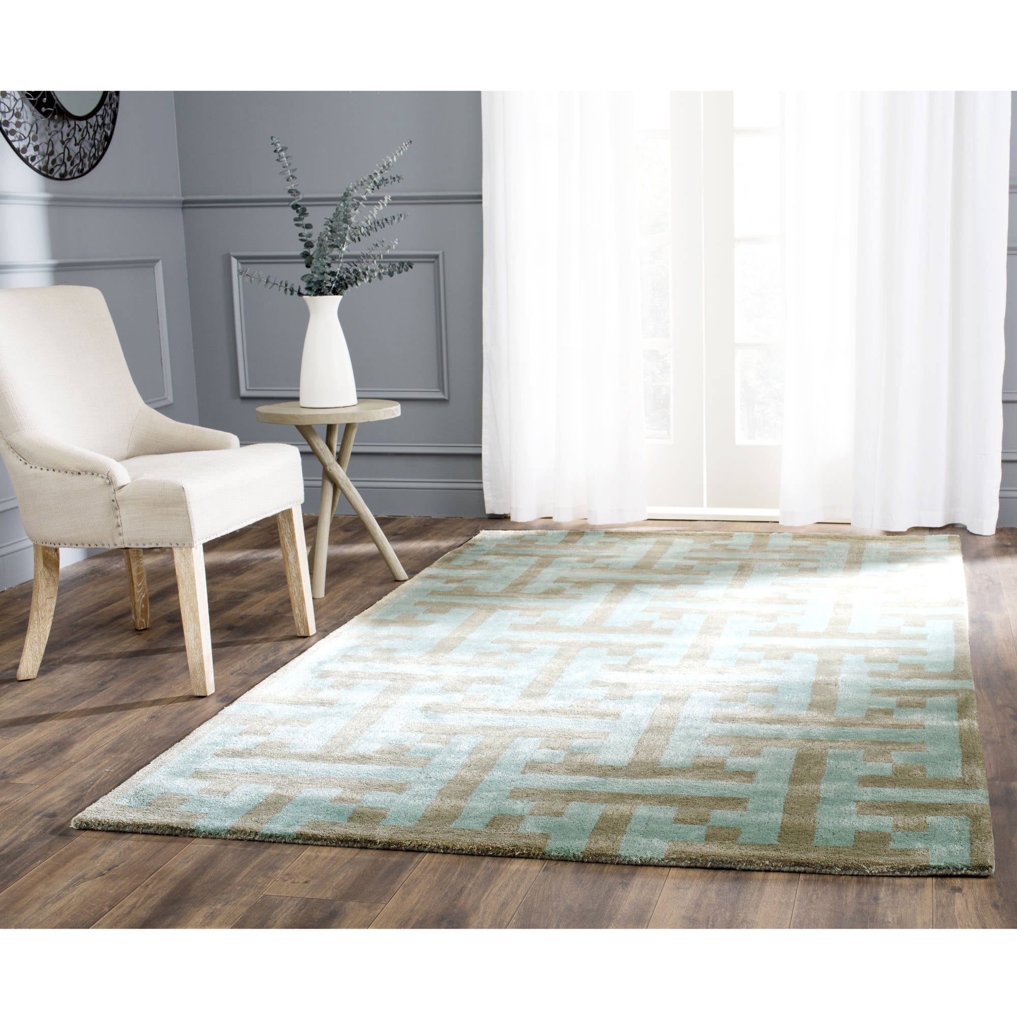 Light Blue and Beige Tufted Wool and Viscose Area Rug