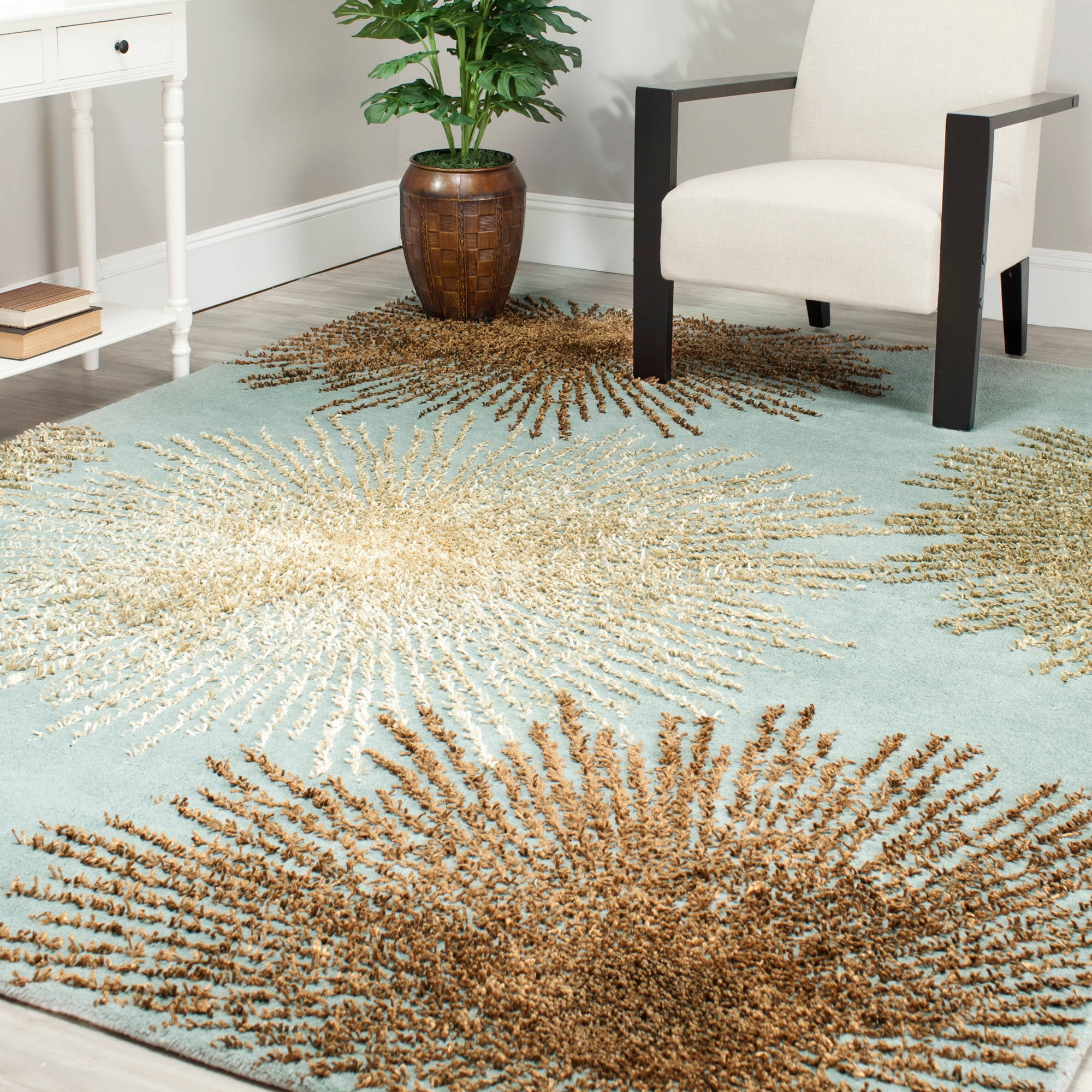 Handmade Light Blue Multicolor Tufted Wool Round Area Rug