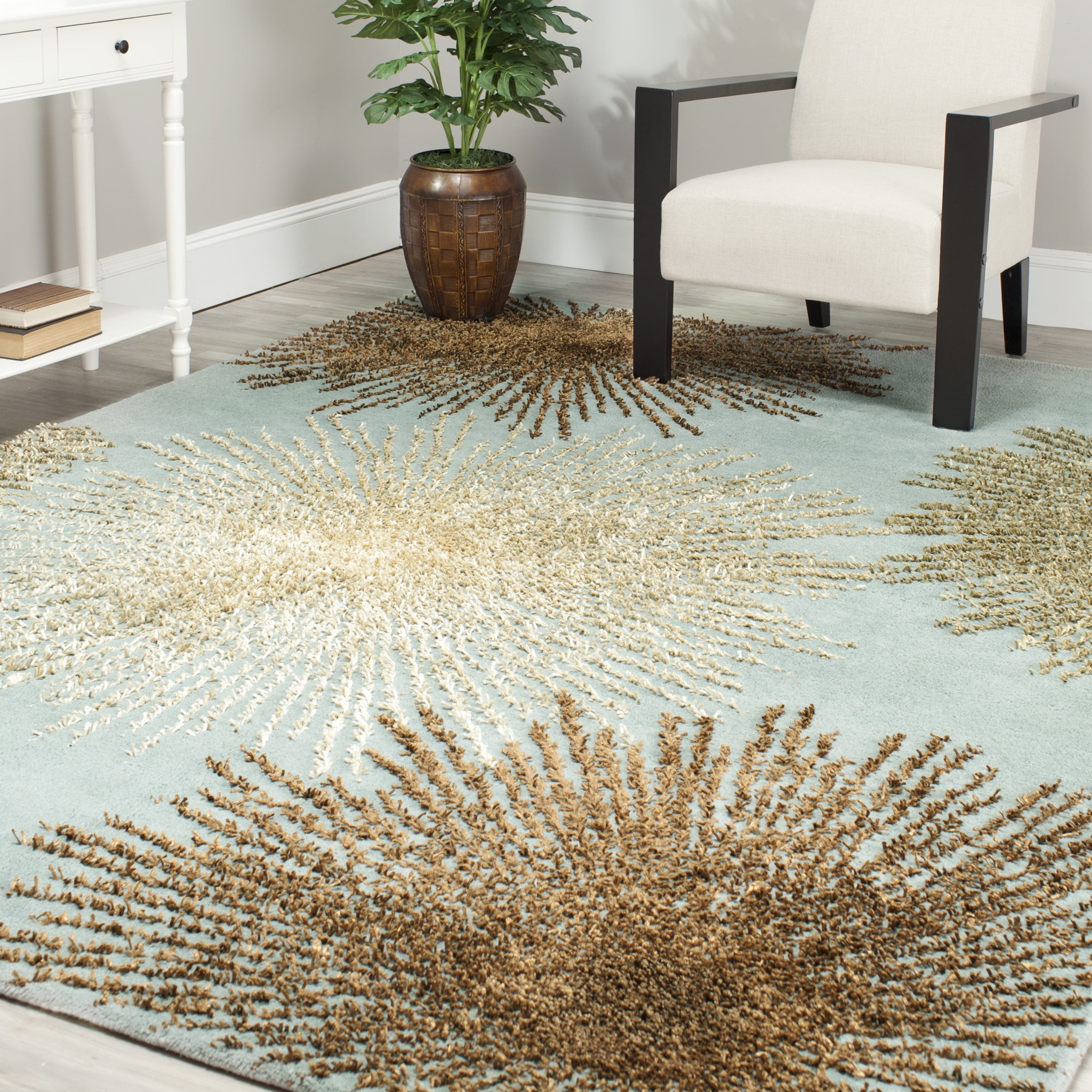 Luxurious Light Blue and Multi Square Hand-Tufted Wool Rug