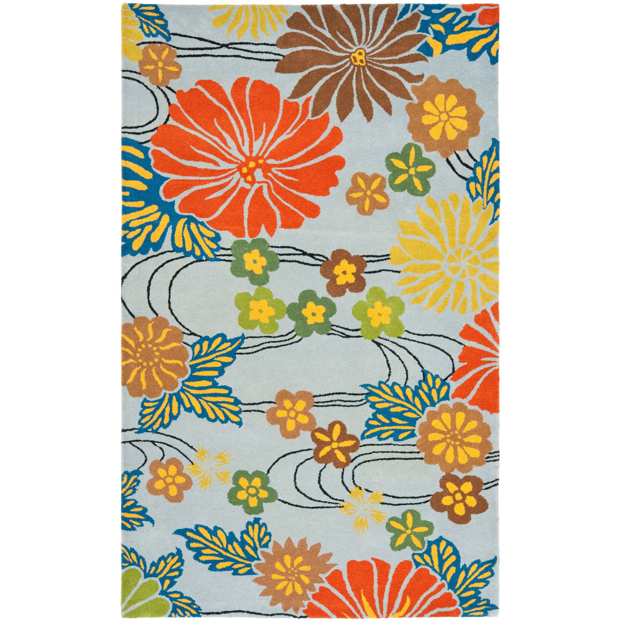 Handmade Blue and Multicolor Wool and Viscose Floral Area Rug