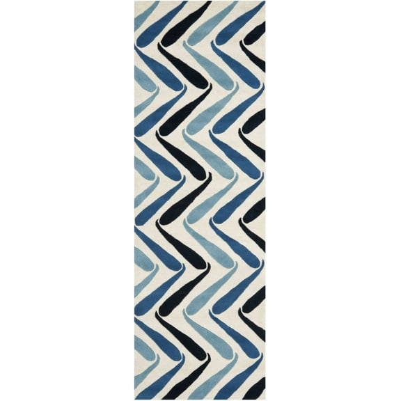 SAFAVIEH Soho Jaimie Chevron Wool Runner Rug, Ivory/Blue, 2'6" x 8'