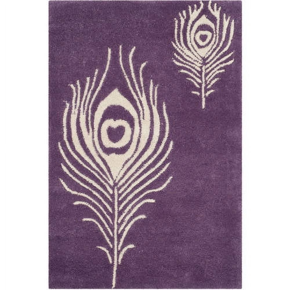 Purple and Ivory Tufted Wool Area Rug with Peacock Feather Design