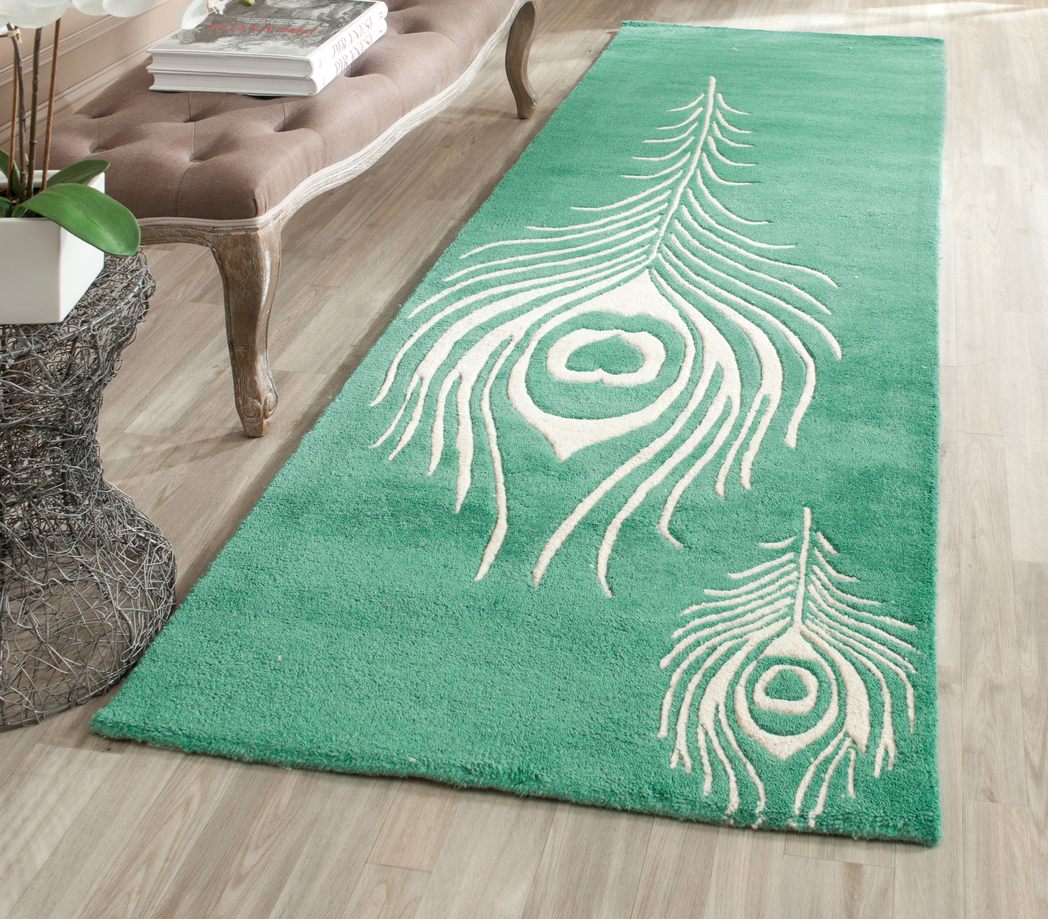 Feathered Rug SAFAVIEH Soho Jarvis Peacock Feather Wool Runner Rug, Teal/Ivory, 2'6 ...