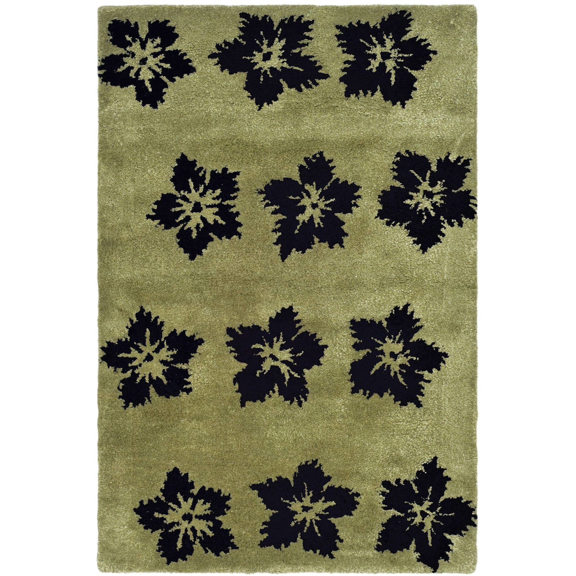 Handmade Black and Sage Floral Wool Area Rug 2' x 3'