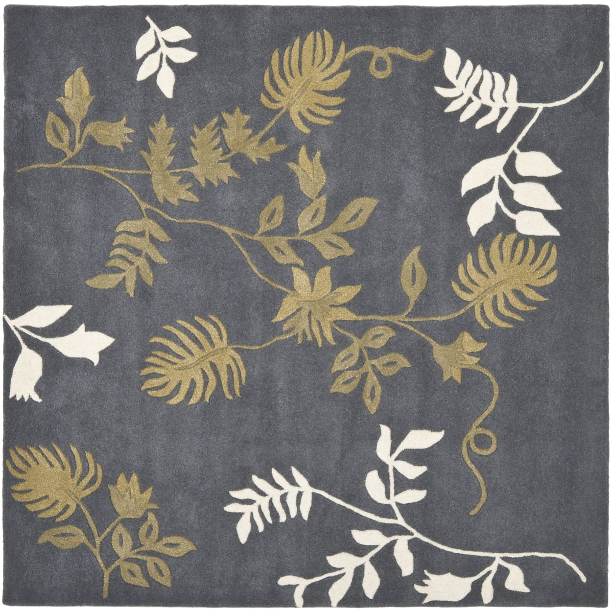 Handmade Dark Grey Wool Square Area Rug with Floral Design