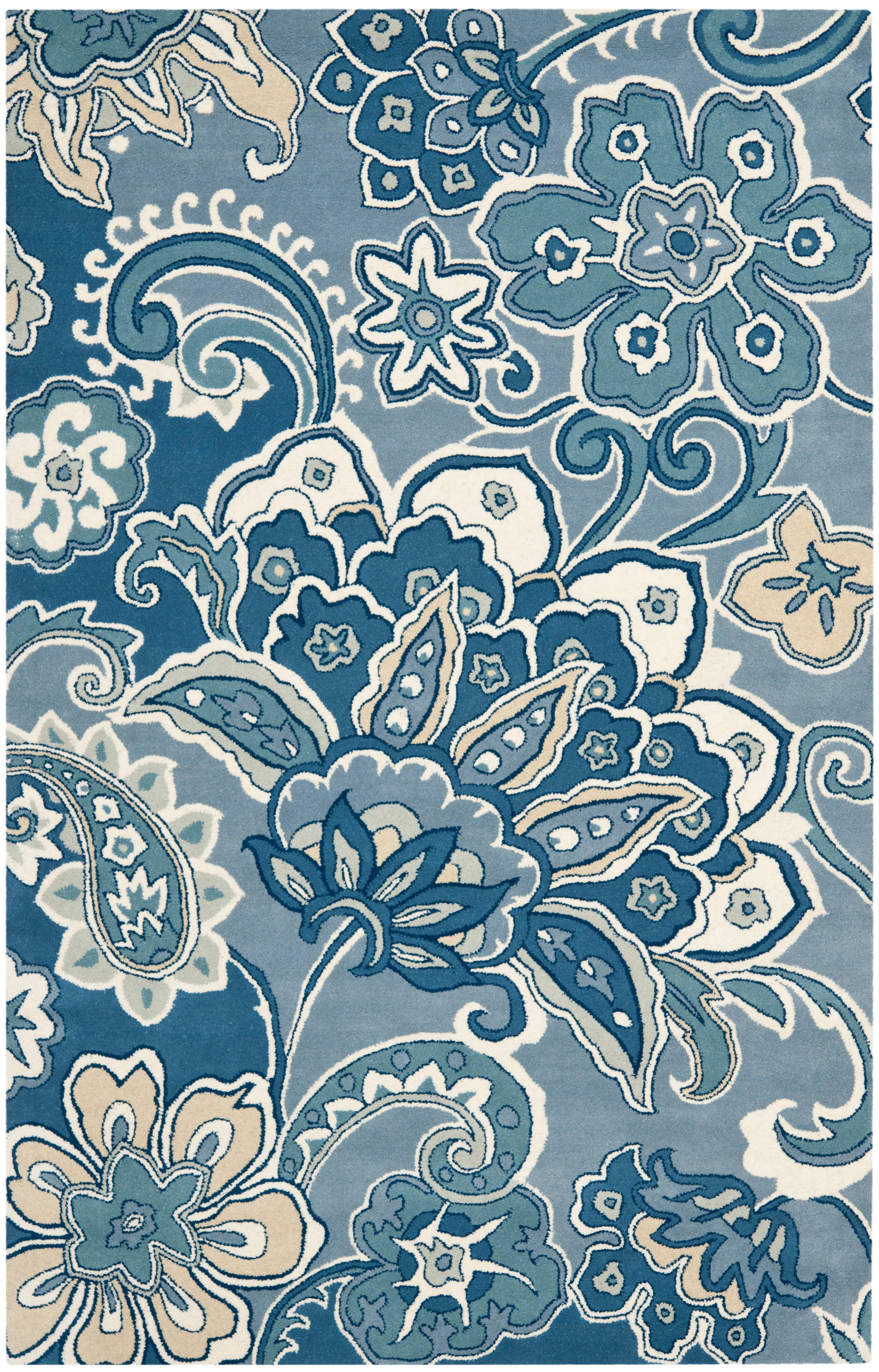 Blue Floral Hand-Tufted Wool and Viscose Area Rug