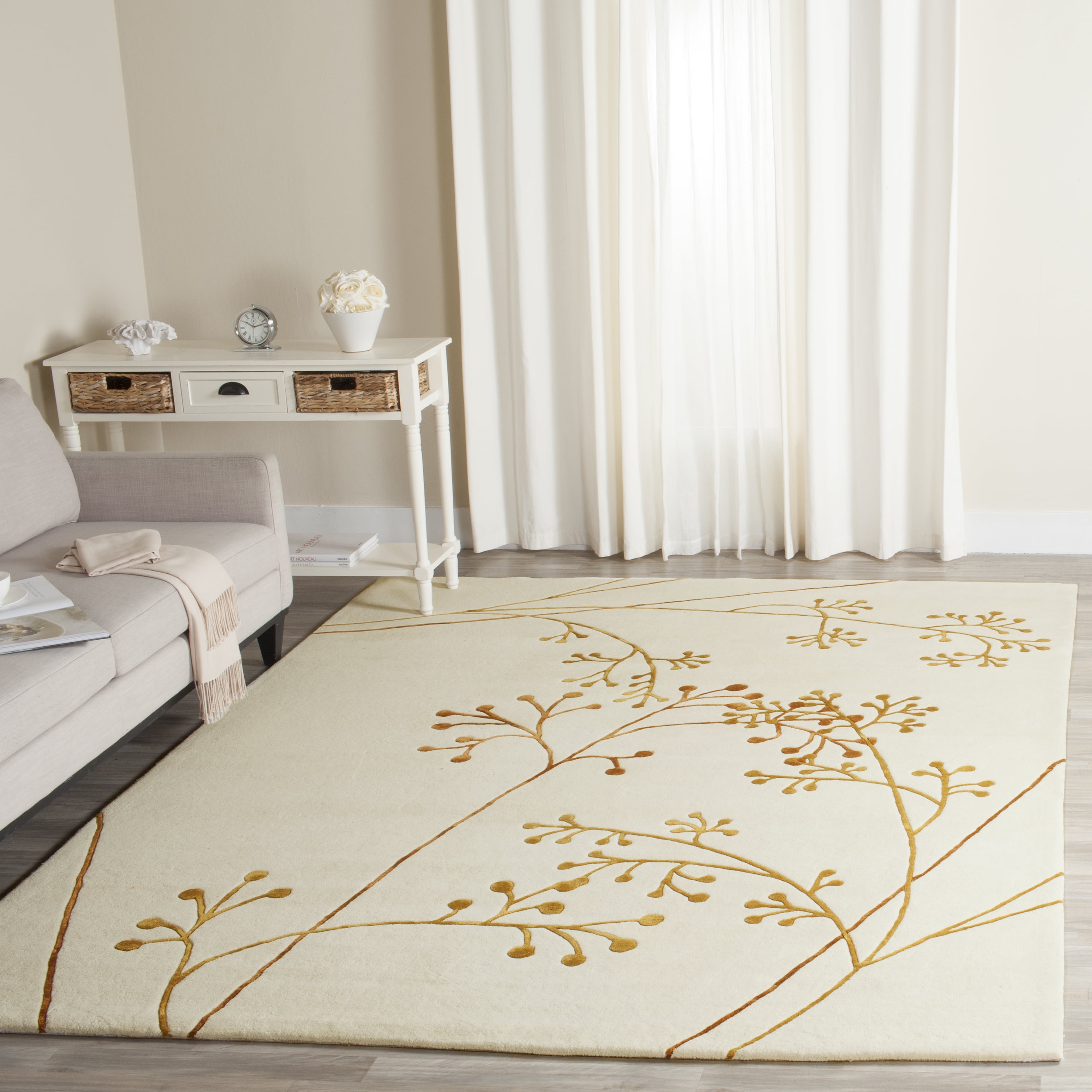 Ivory and Orange Floral Tufted Wool Area Rug, 11' x 15'