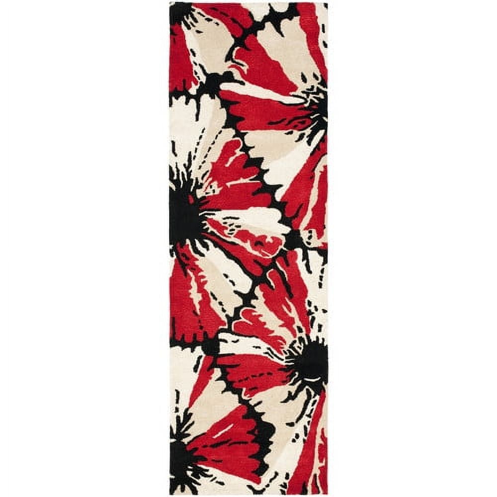 Red and Black Floral Wool Runner Rug, 2'6" x 8'