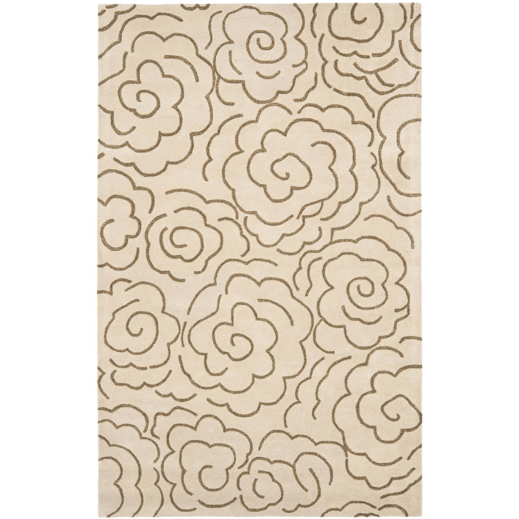 Beige Floral Tufted Wool Area Rug 3'6" x 5'6"