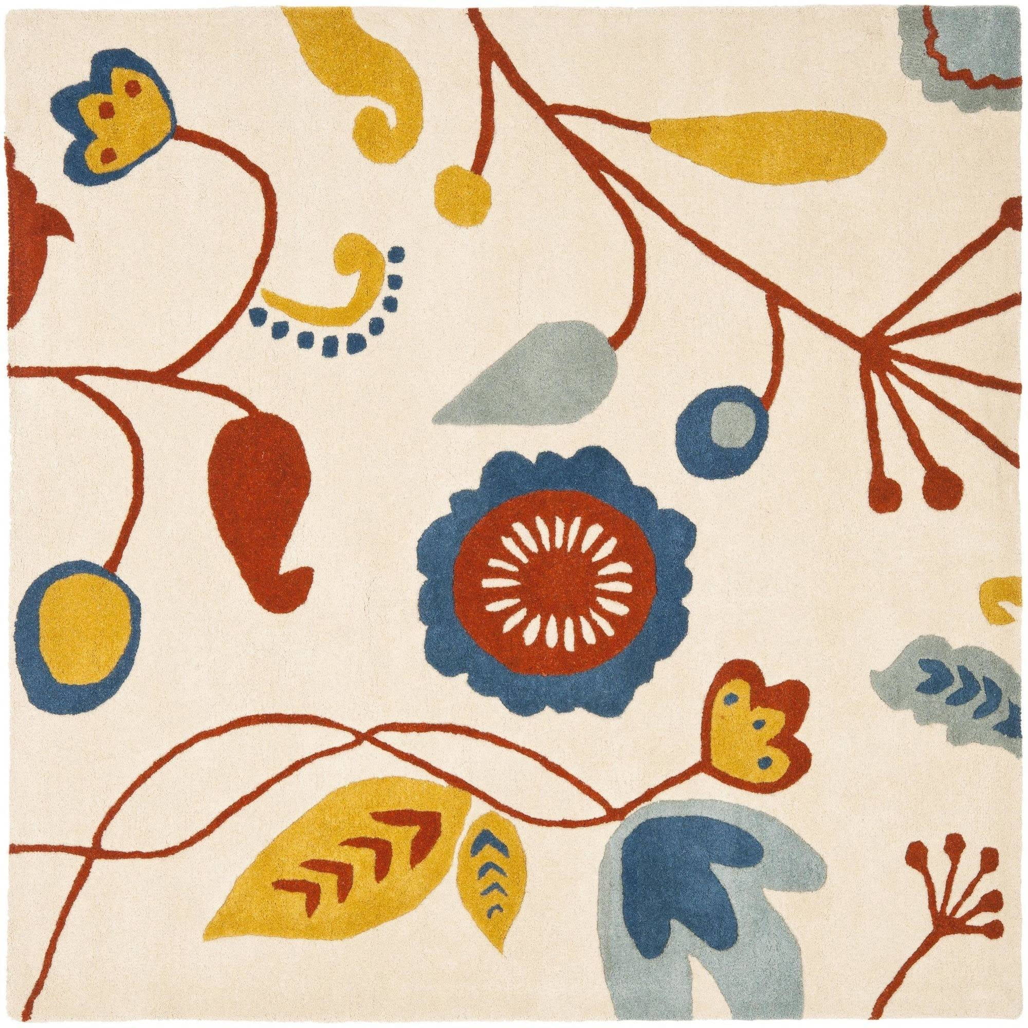 Beige and Multicolor Tufted Floral Wool Square Rug