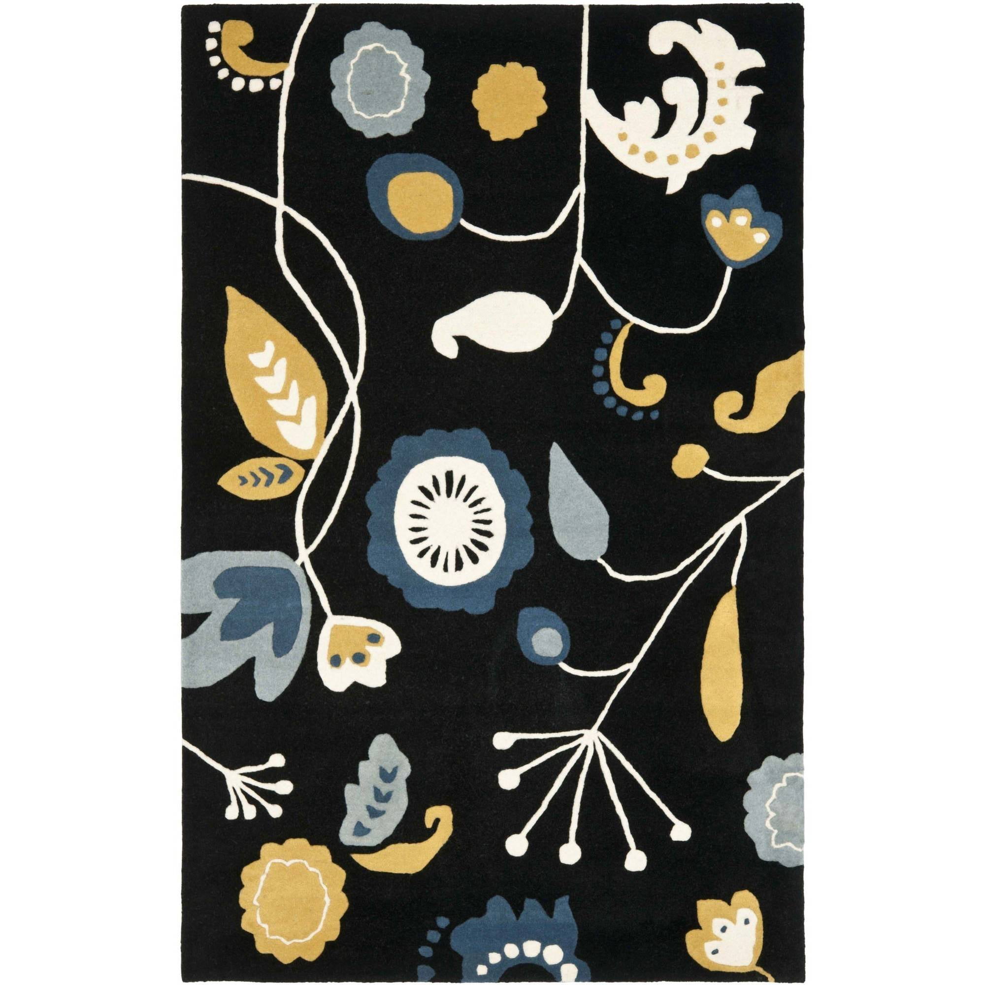Black Floral Hand-Tufted Wool and Viscose Area Rug