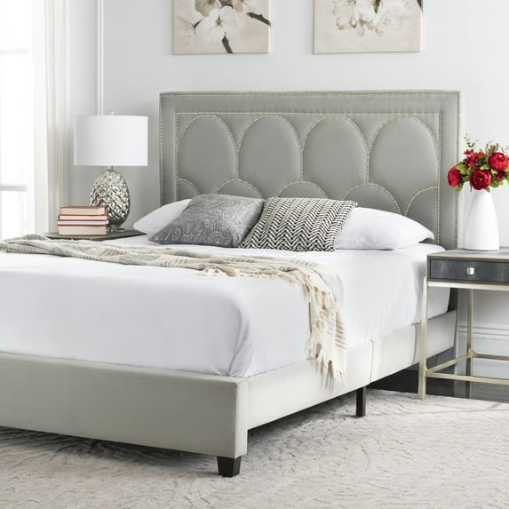 SAFAVIEH Solania Glam Upholstered Bed Frame with Nail Head, Full, Pewter