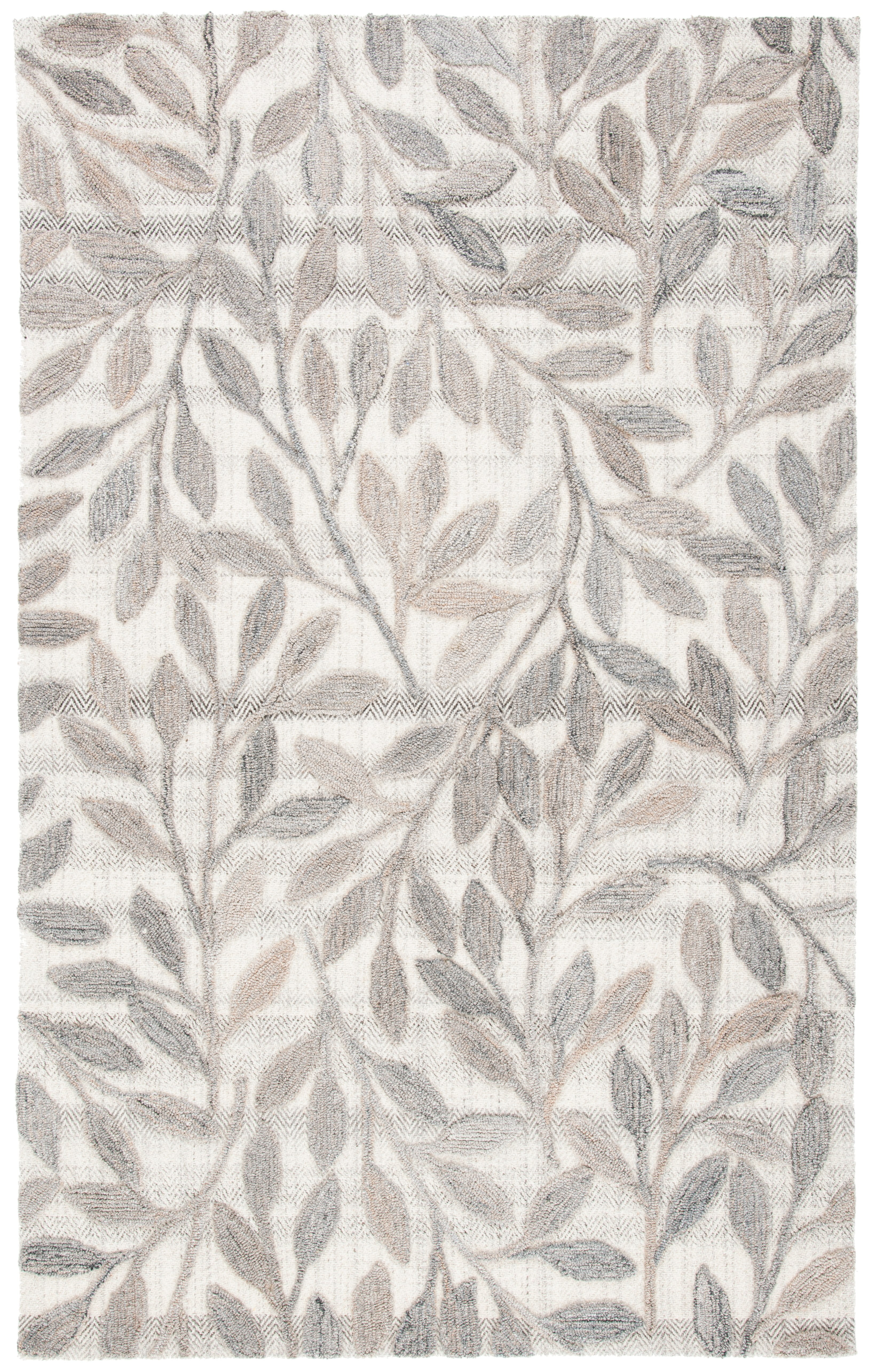 Beige and Gray Handmade Wool Botanical Area Rug, 5' x 8'