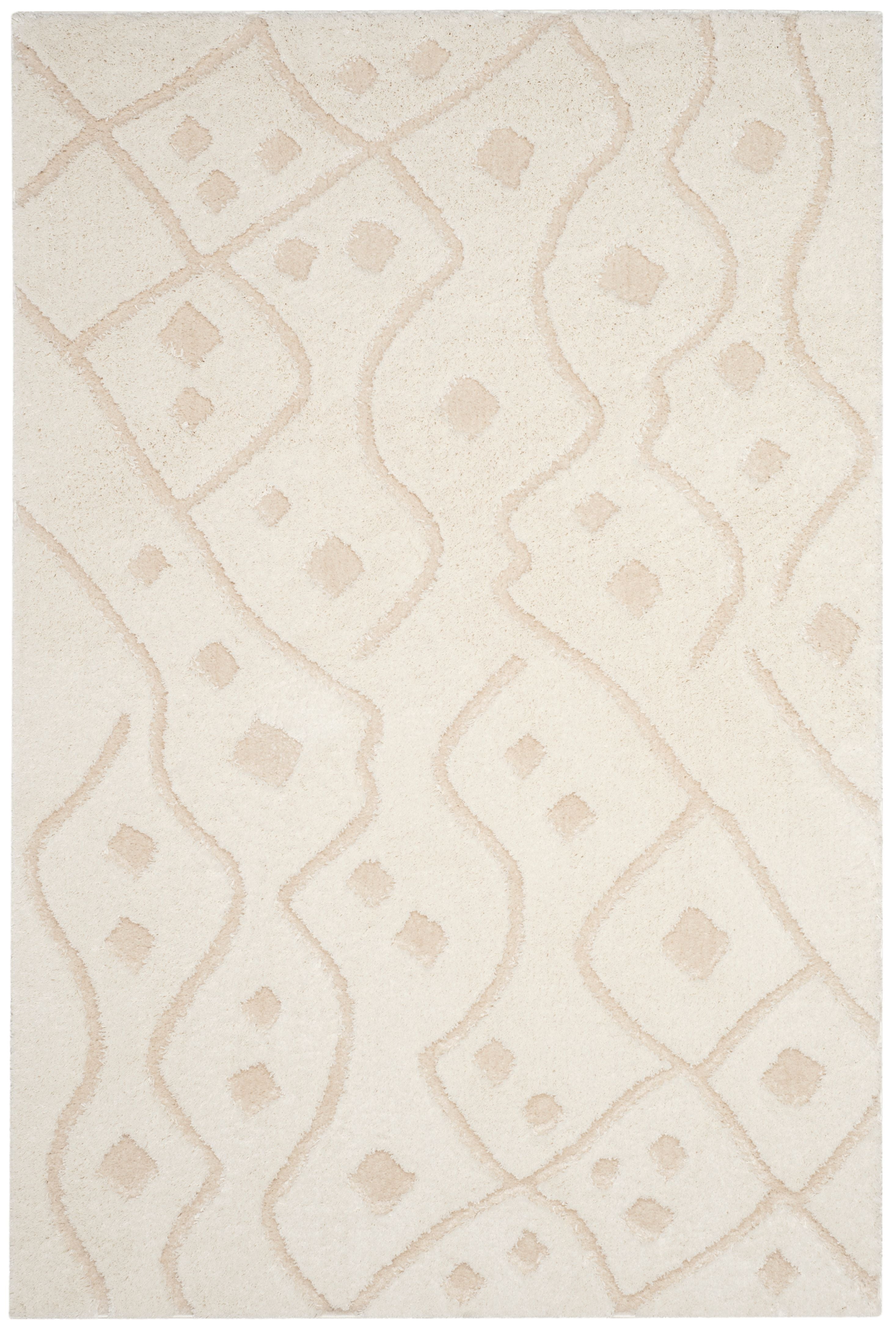 Ivory Geometric Hand-Knotted Shag Runner Rug