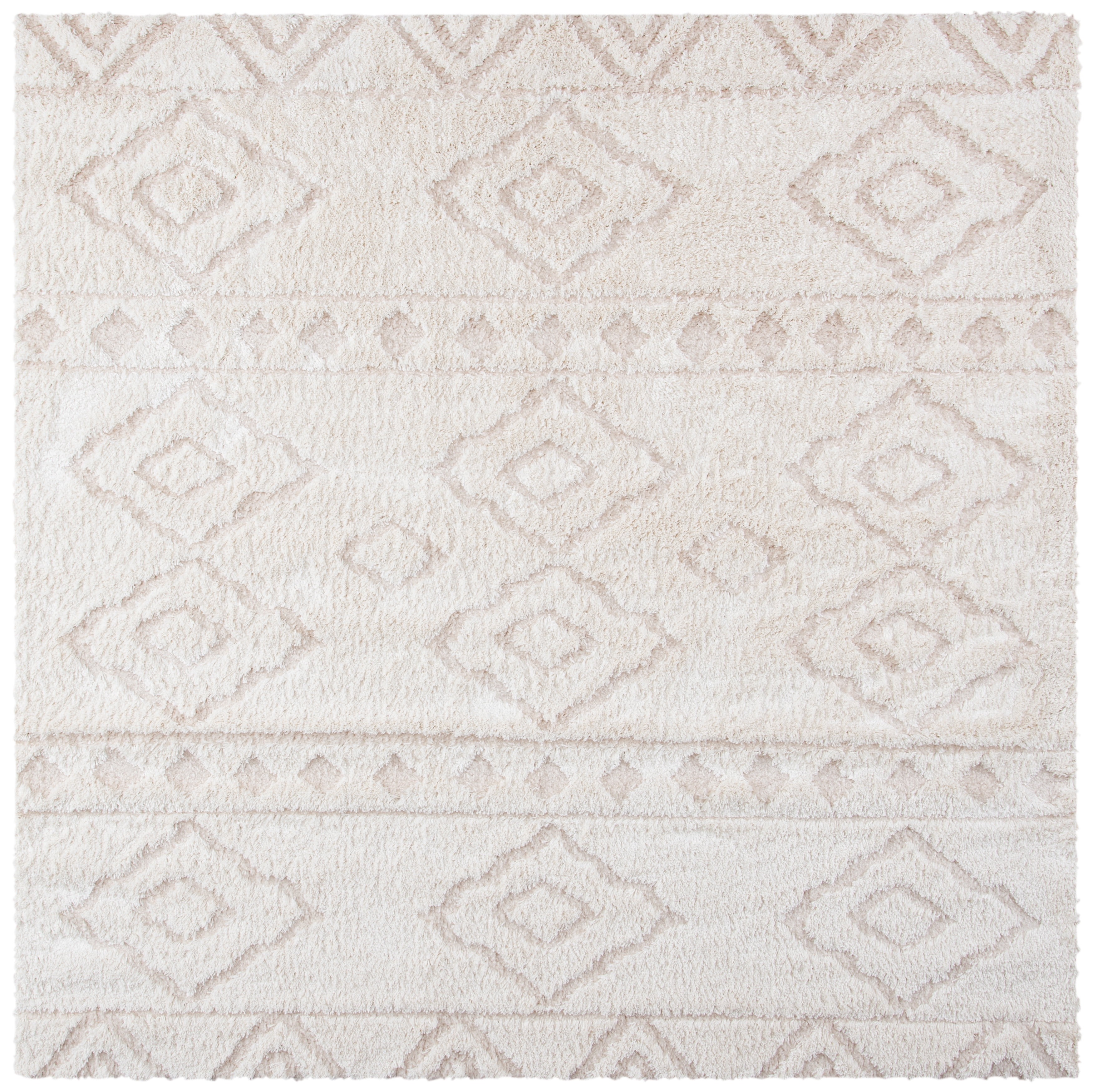 Ivory/Beige 5' Square Hand-knotted Geometric Shag Rug