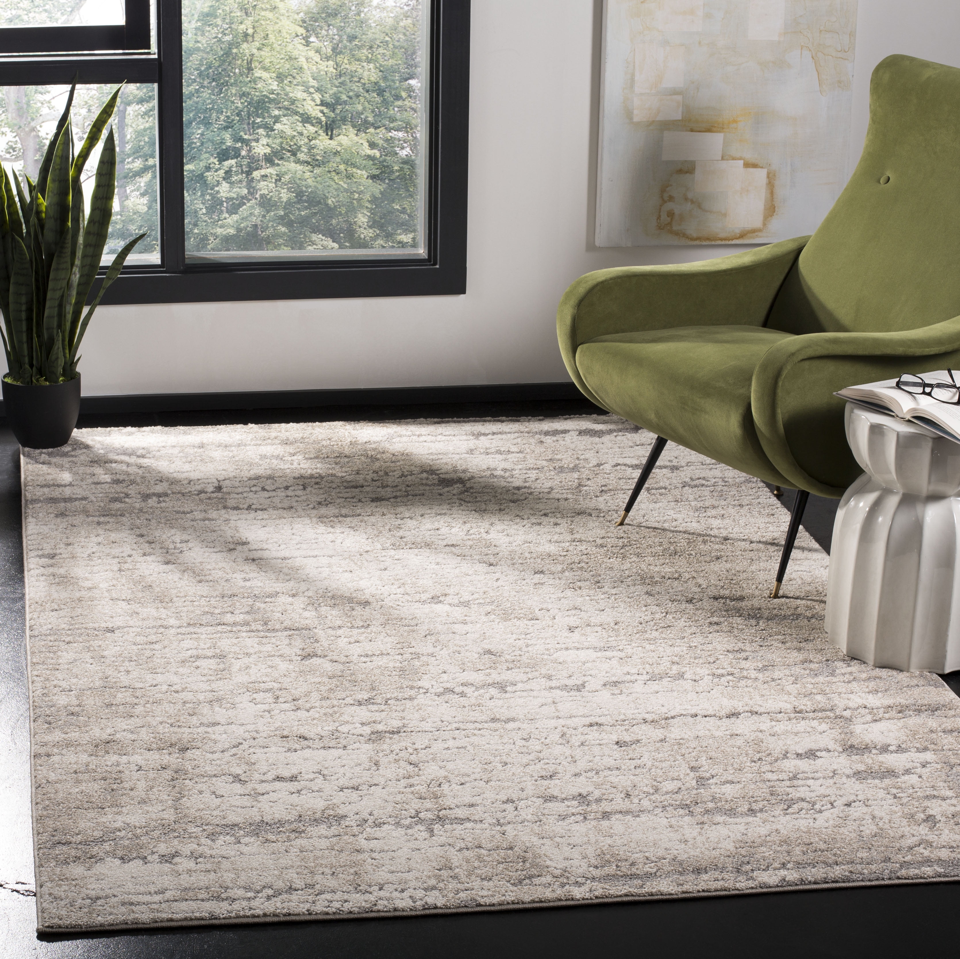 Ivory and Taupe Abstract High Pile Area Rug