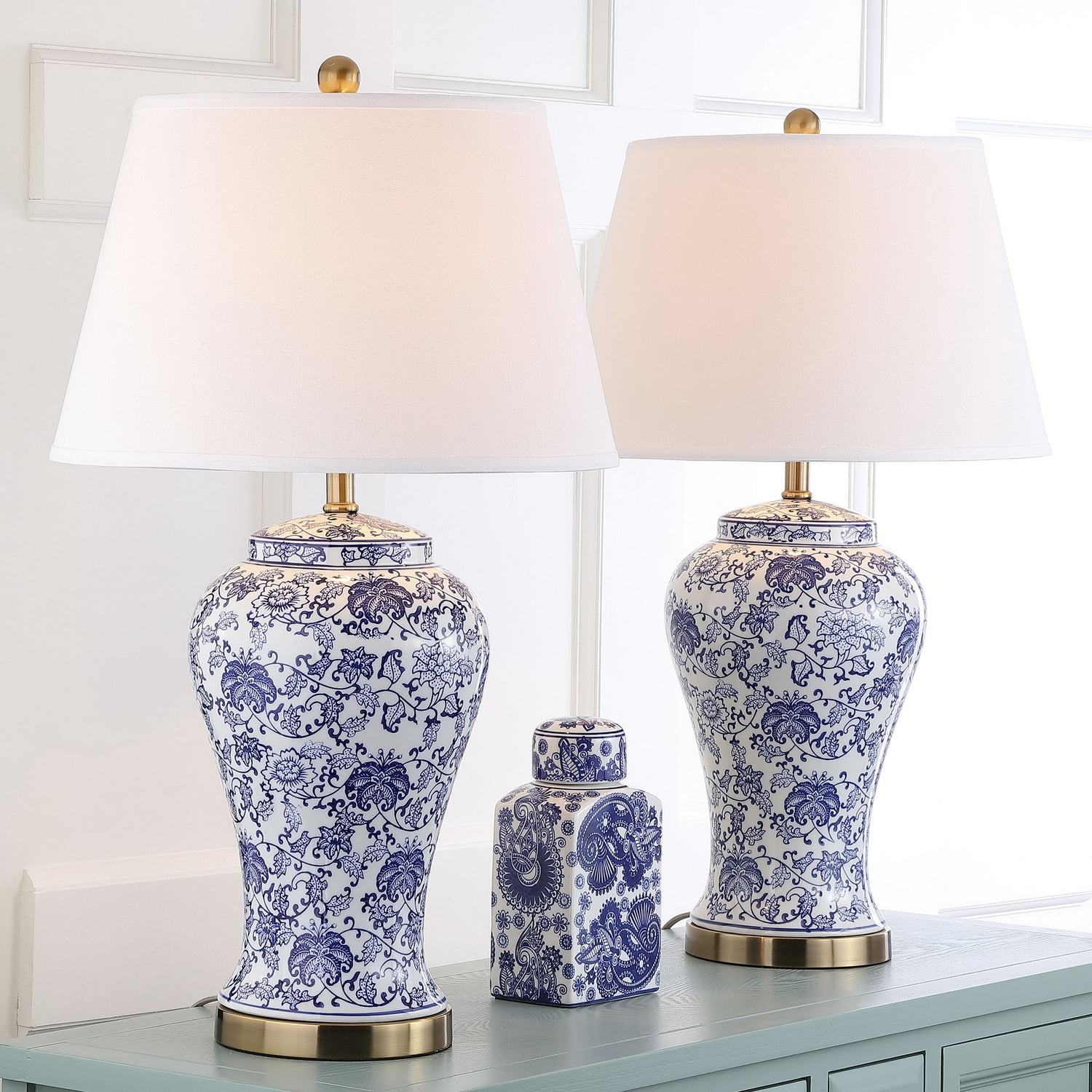 SAFAVIEH Spring 29 in. H Floral Blossom Table Lamp, Blue/White, Set of 2