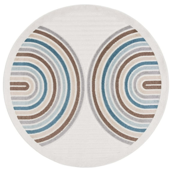 SAFAVIEH Stella Issam Geometric Indoor/Outdoor Area Rug, Ivory/Brown Blue, 6'7" x 6'7" Round