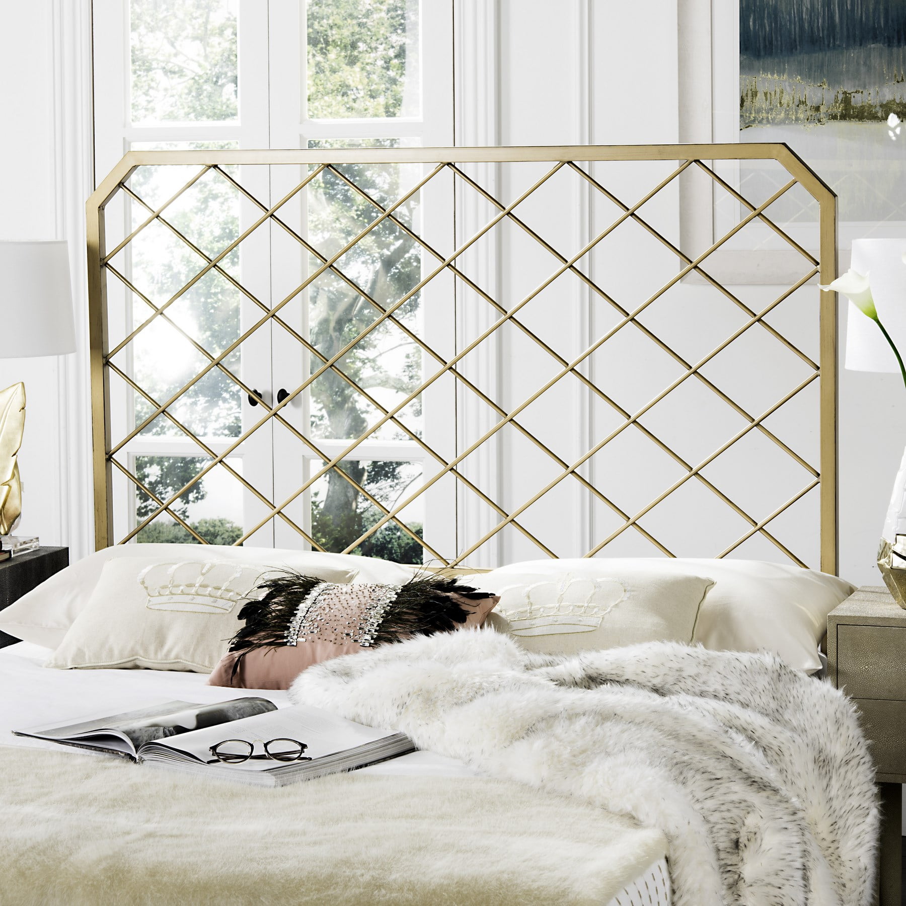 Antique Gold Queen Metal Latticework Headboard