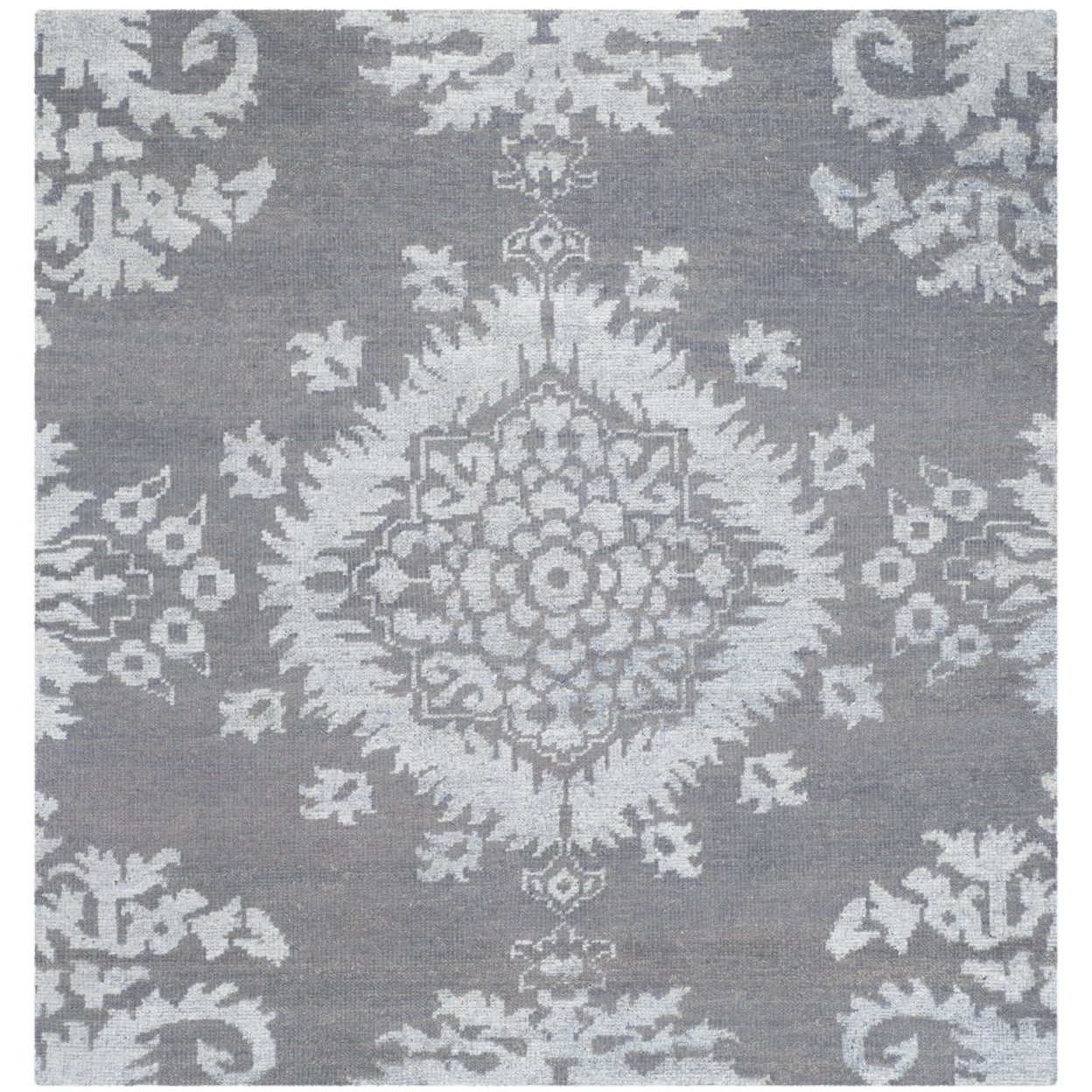 Gray Hand-Knotted Wool and Viscose Square Rug, 6' x 6'