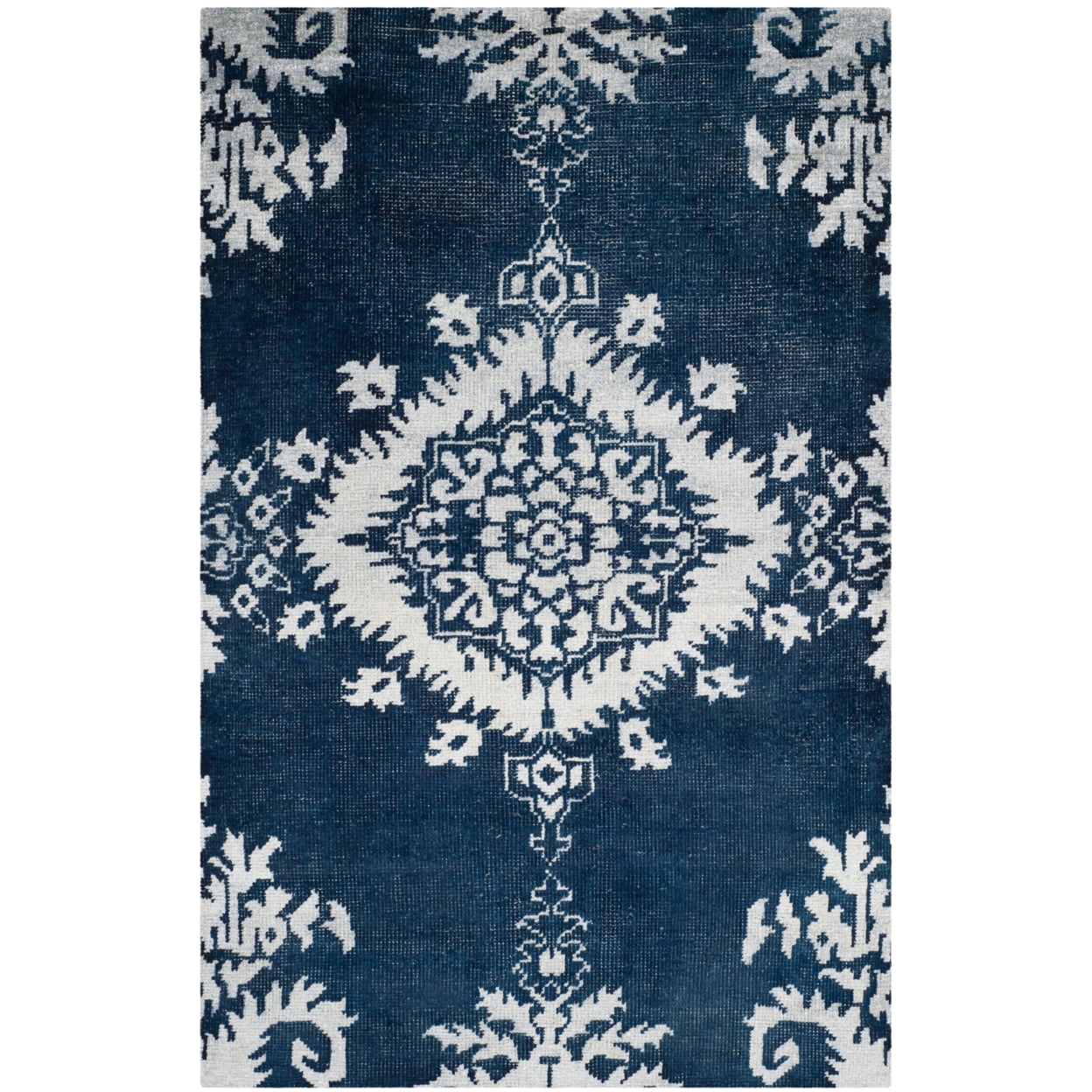 Indigo and White Hand-Knotted Wool 4' x 6' Area Rug