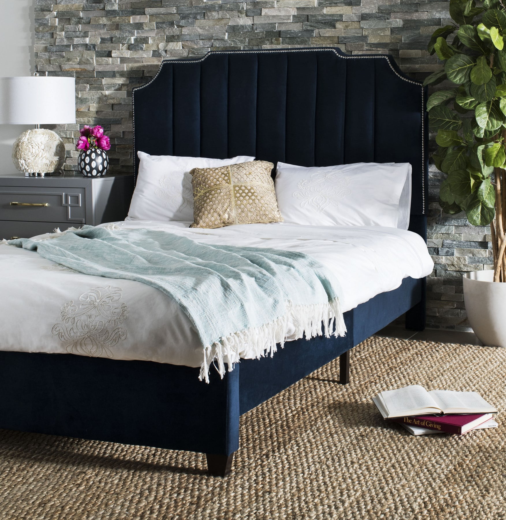 SAFAVIEH Streep Modern Glam Upholstered Bed Frame Full Navy