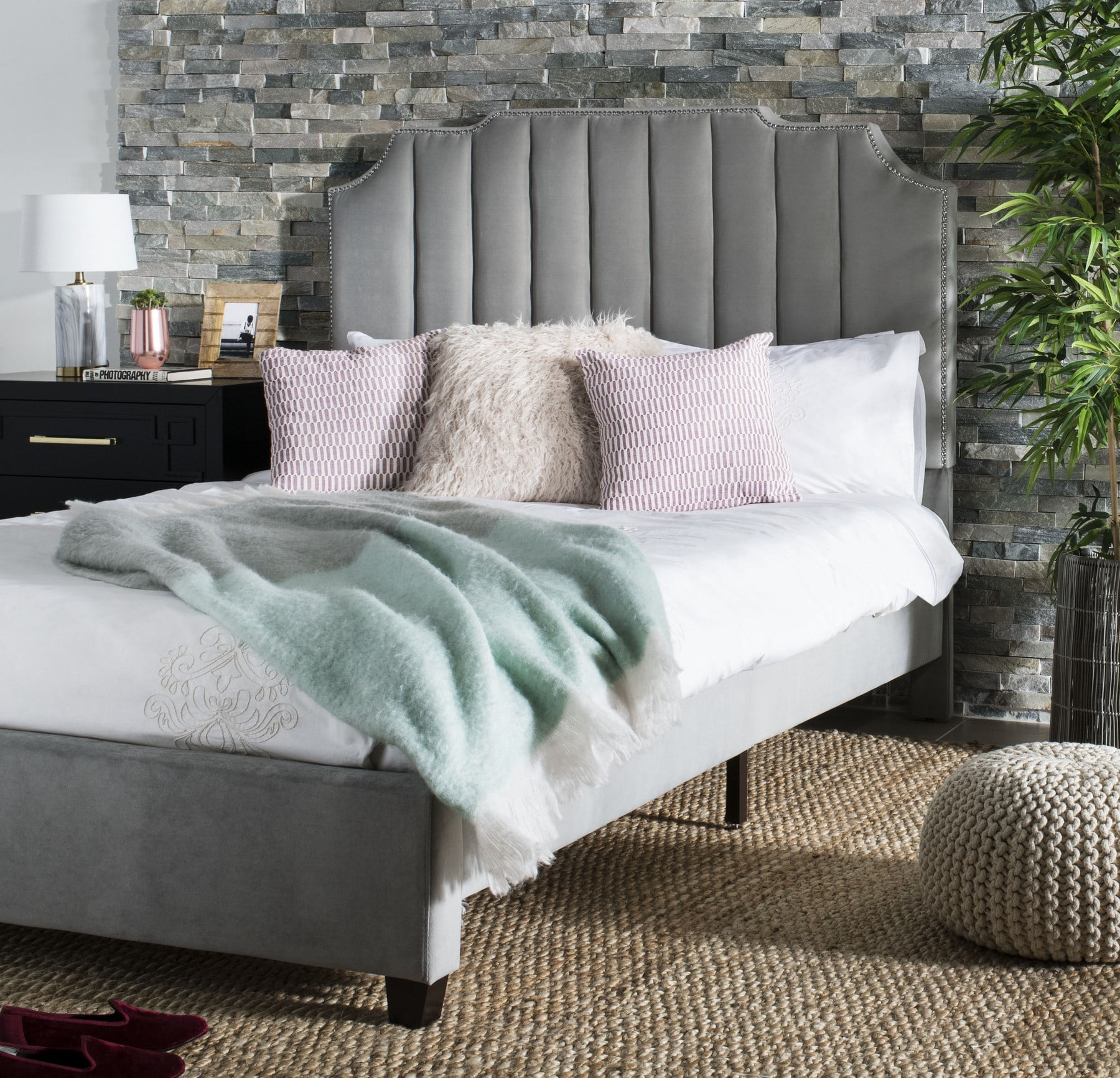 SAFAVIEH Streep Modern Glam Upholstered Bed Frame Full Pewter