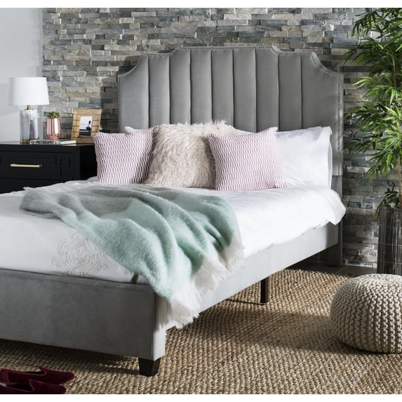 SAFAVIEH Streep Modern Glam Upholstered Bed Frame, Full, Pewter
