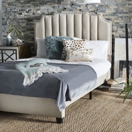 SAFAVIEH Streep Modern Glam Upholstered Bed Frame, Queen, Beige