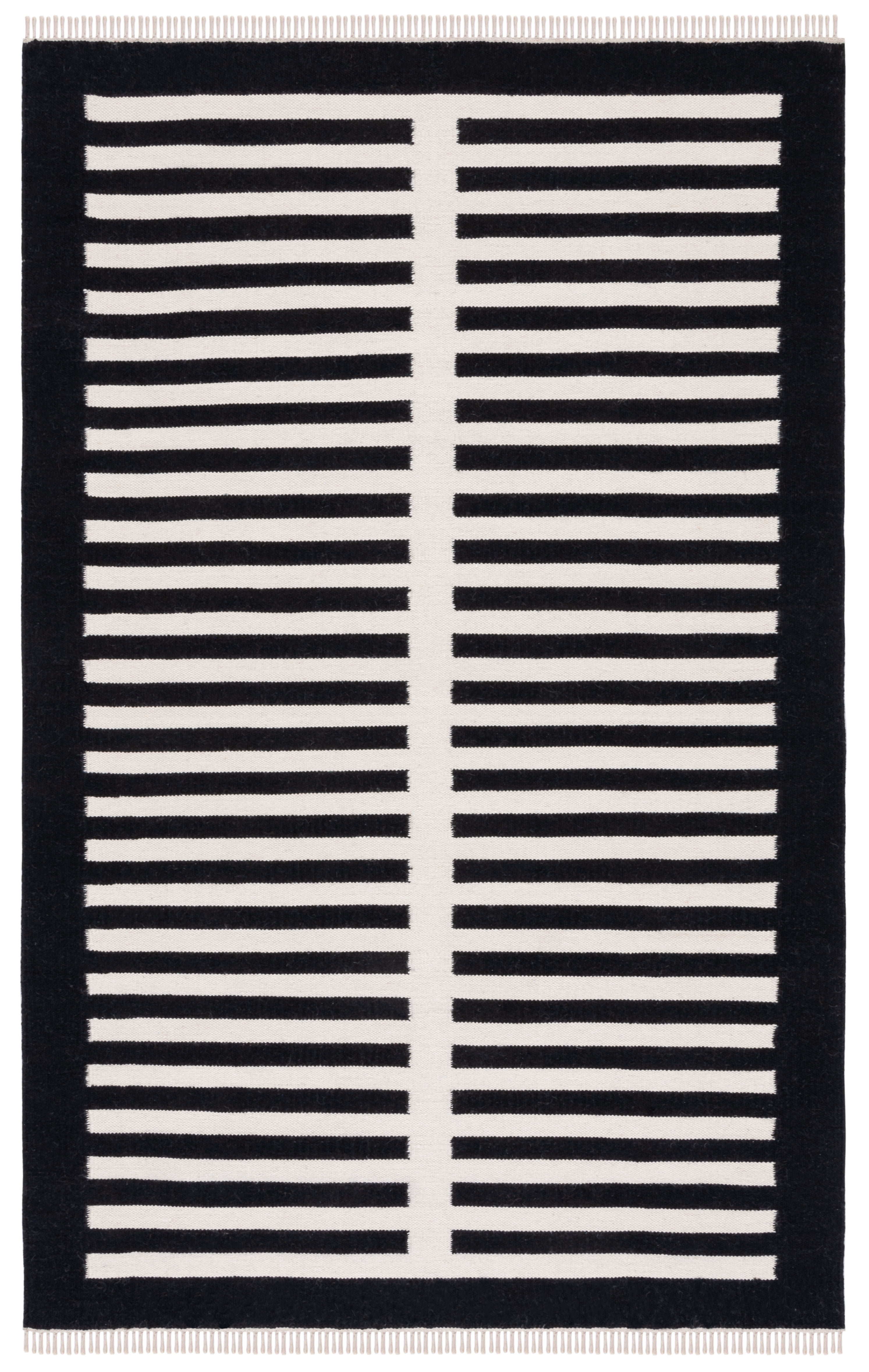 Black and Ivory Striped Wool 5' x 8' Flat Weave Rug