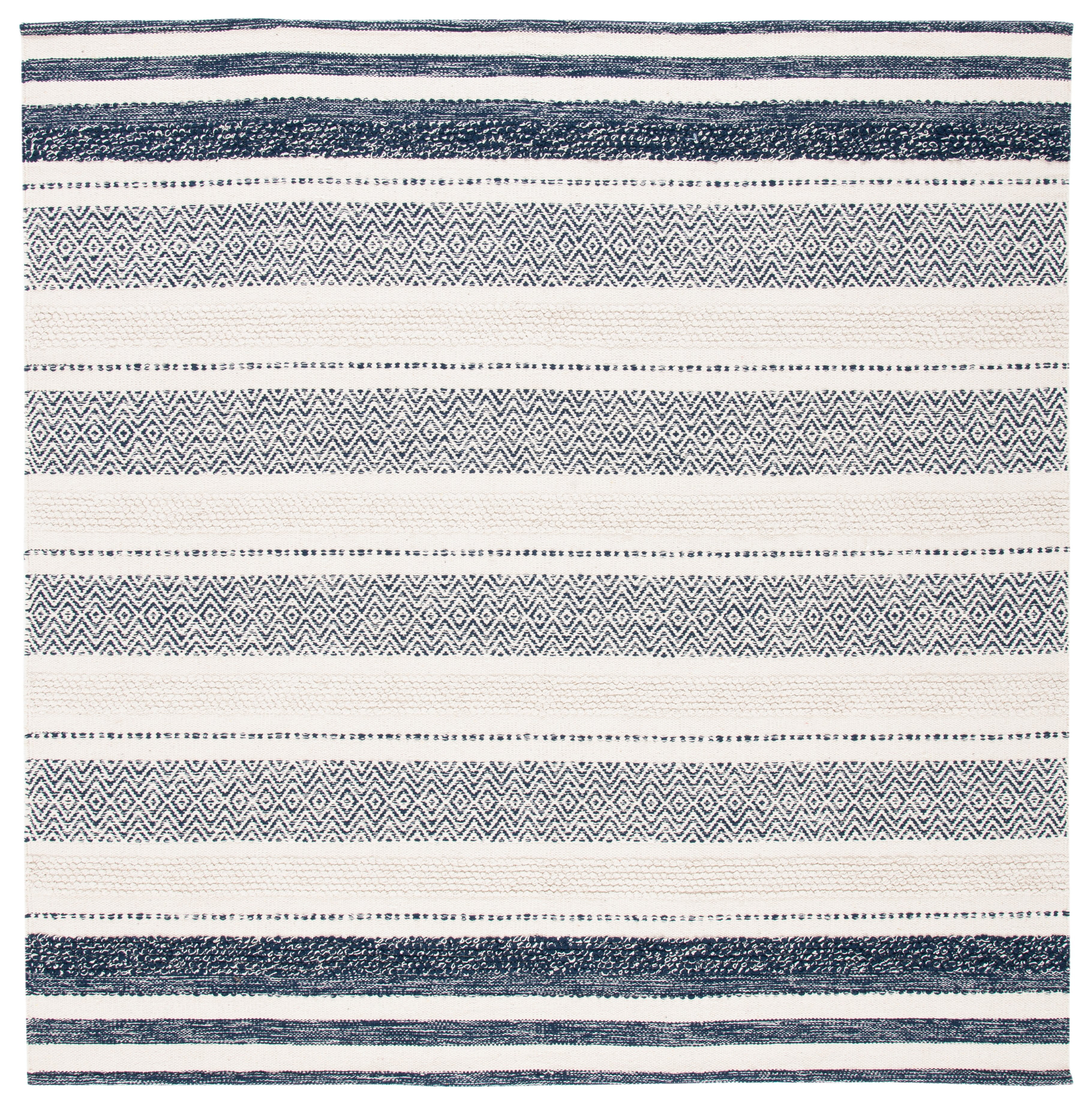 Ivory and Multi-Color Striped Kilim 7' Square Wool & Cotton Rug