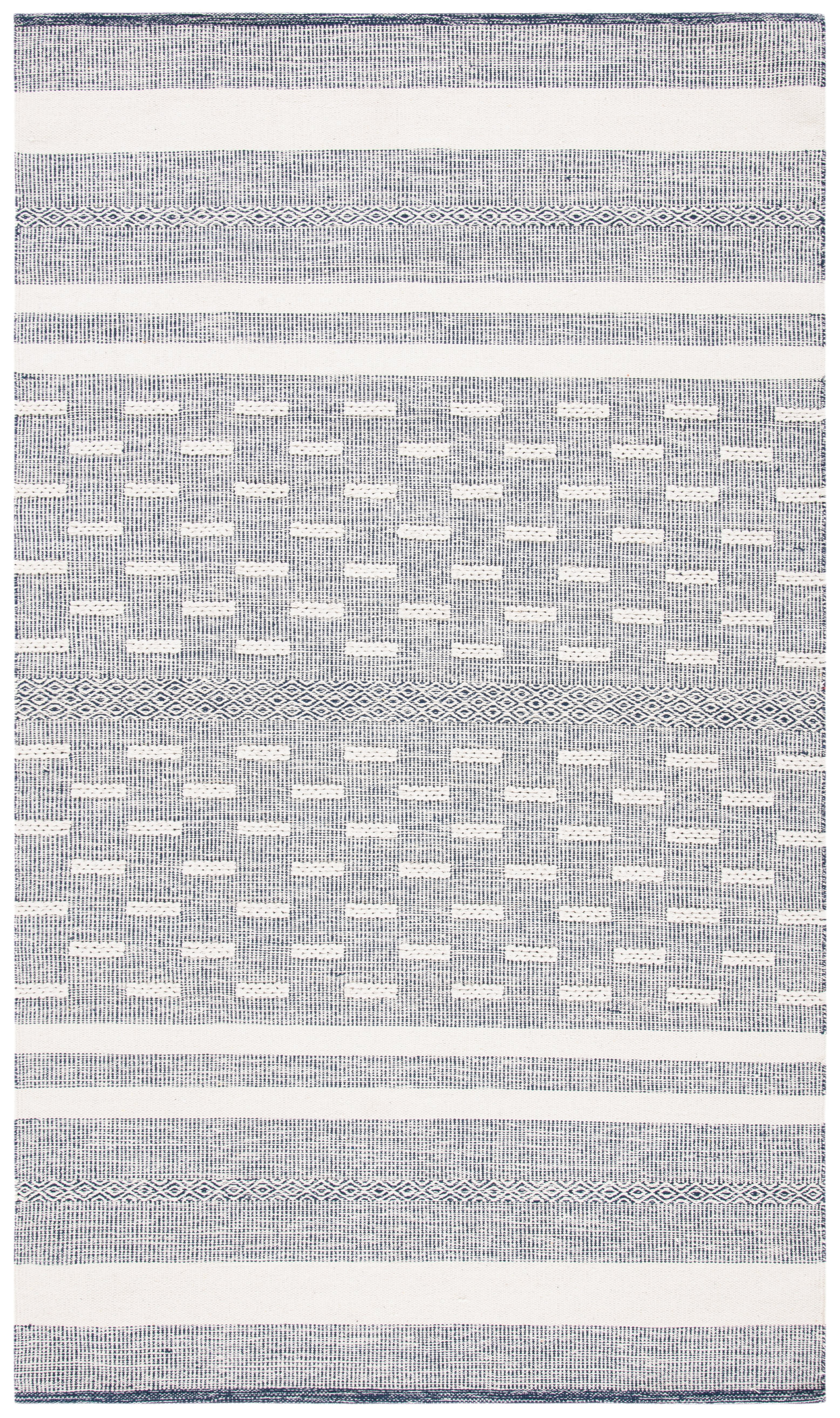 Ivory and Navy Striped Flat Woven Wool Cotton Area Rug