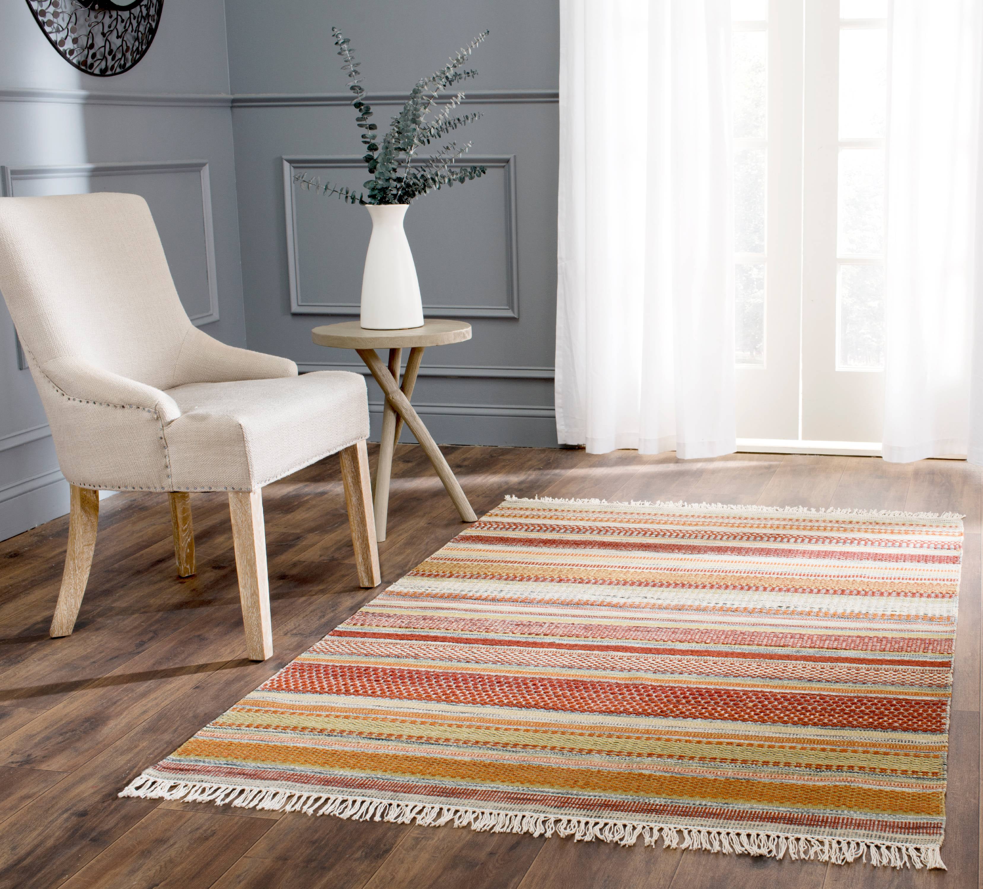 Handmade Red and Beige Striped Wool Area Rug
