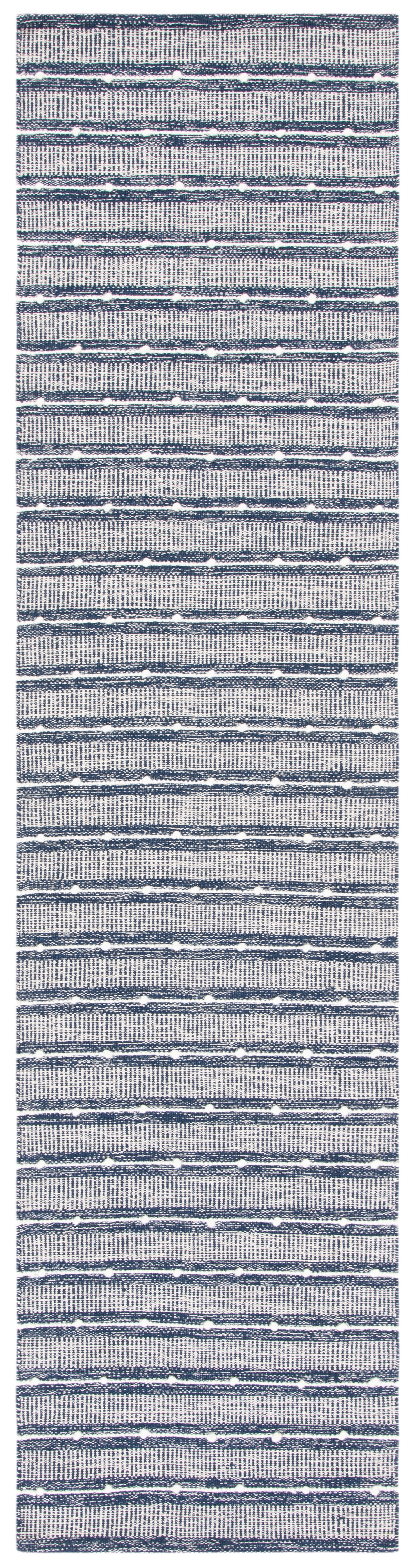 Modern Boho-Chic Blue Stripe Hand-Woven Wool & Cotton Rug