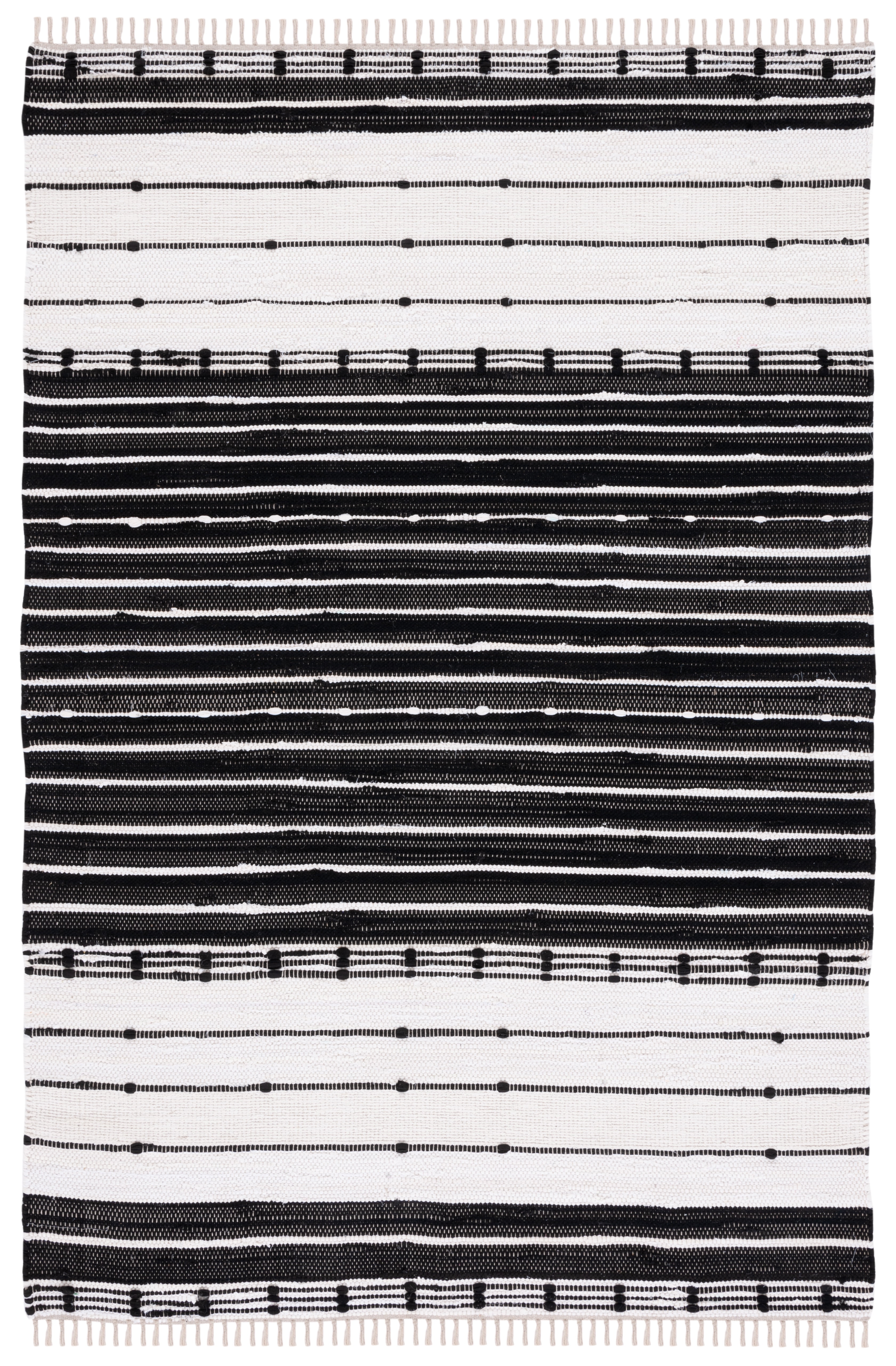 Handmade Black and Ivory Wool Cotton Striped Area Rug 5'x8'