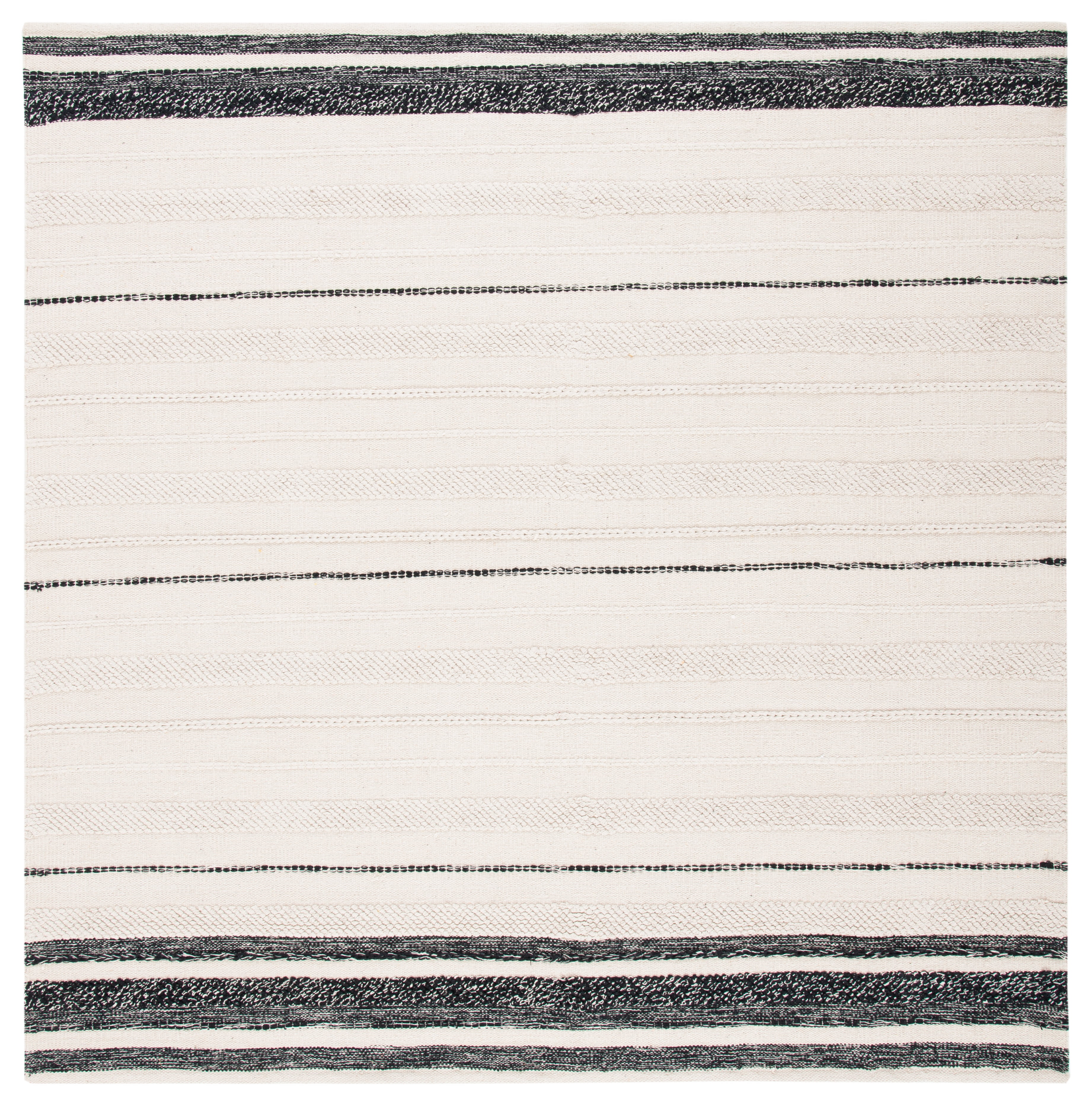 Black and White Striped Square Wool Cotton Rug