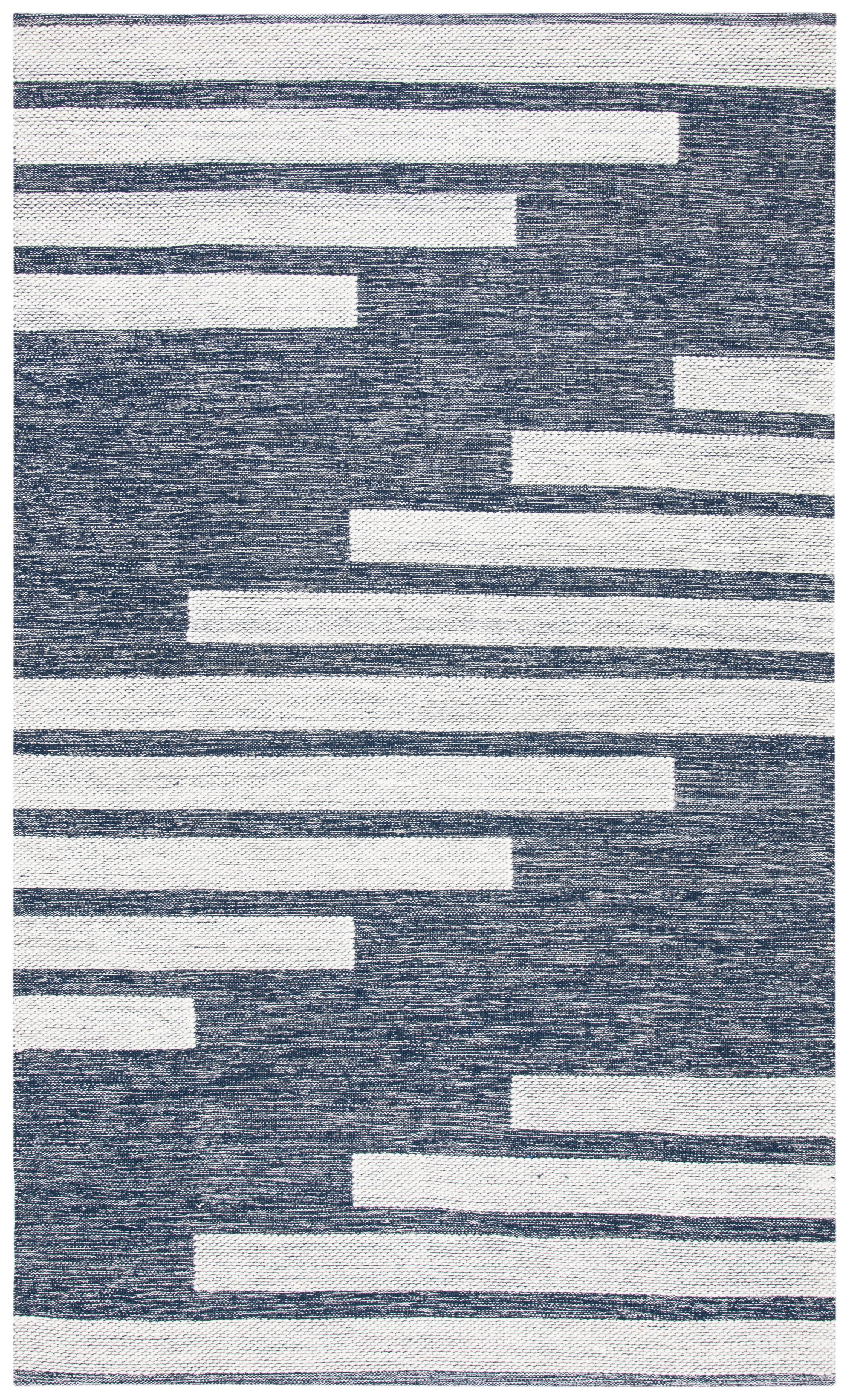Ivory and Navy Striped Flat Woven Wool and Cotton Area Rug