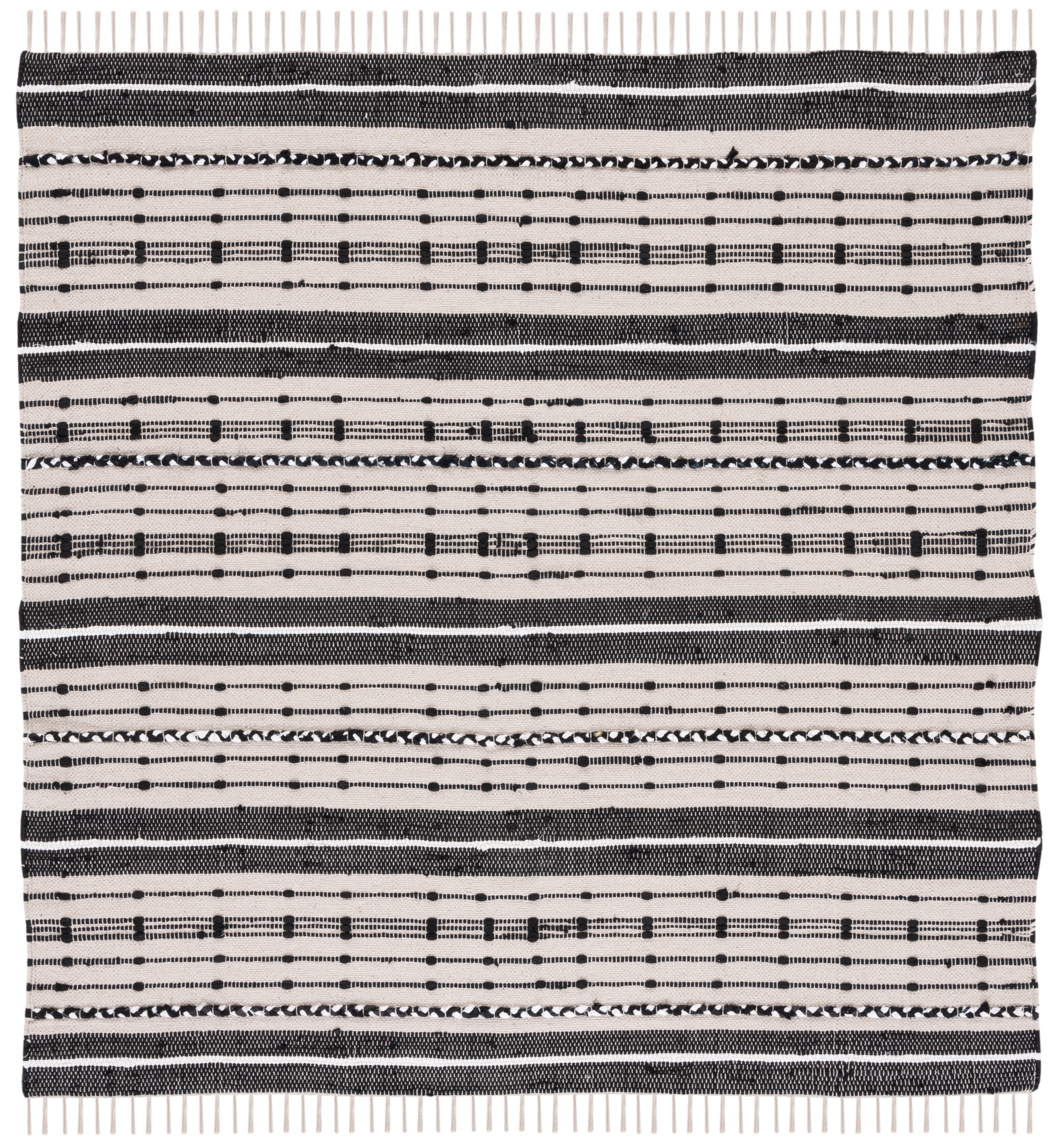 Boho-Chic Black and Beige Striped Kilim 6' Square Wool Rug