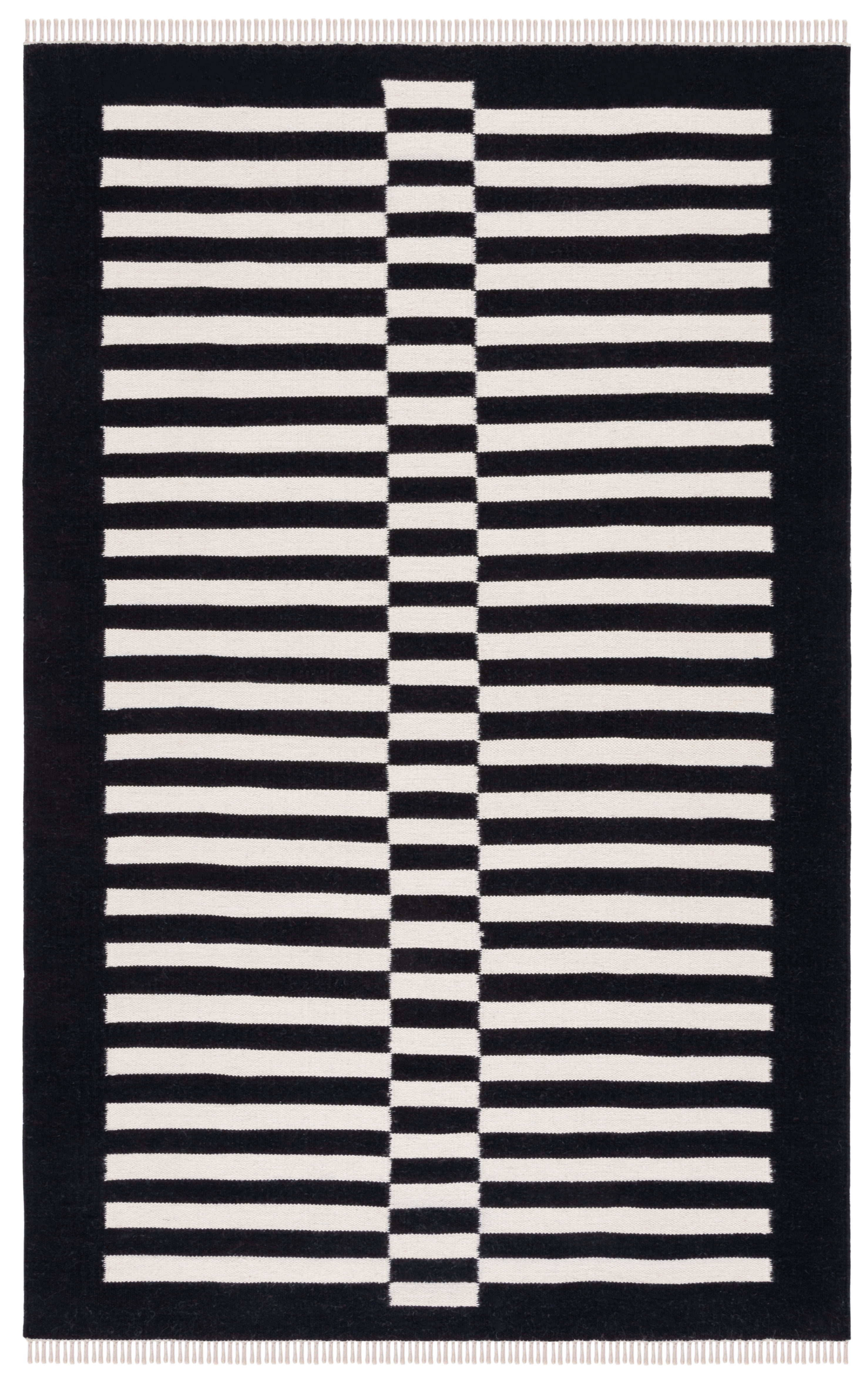 Boho Chic Beige & Black Striped Wool 4' x 6' Handmade Area Rug