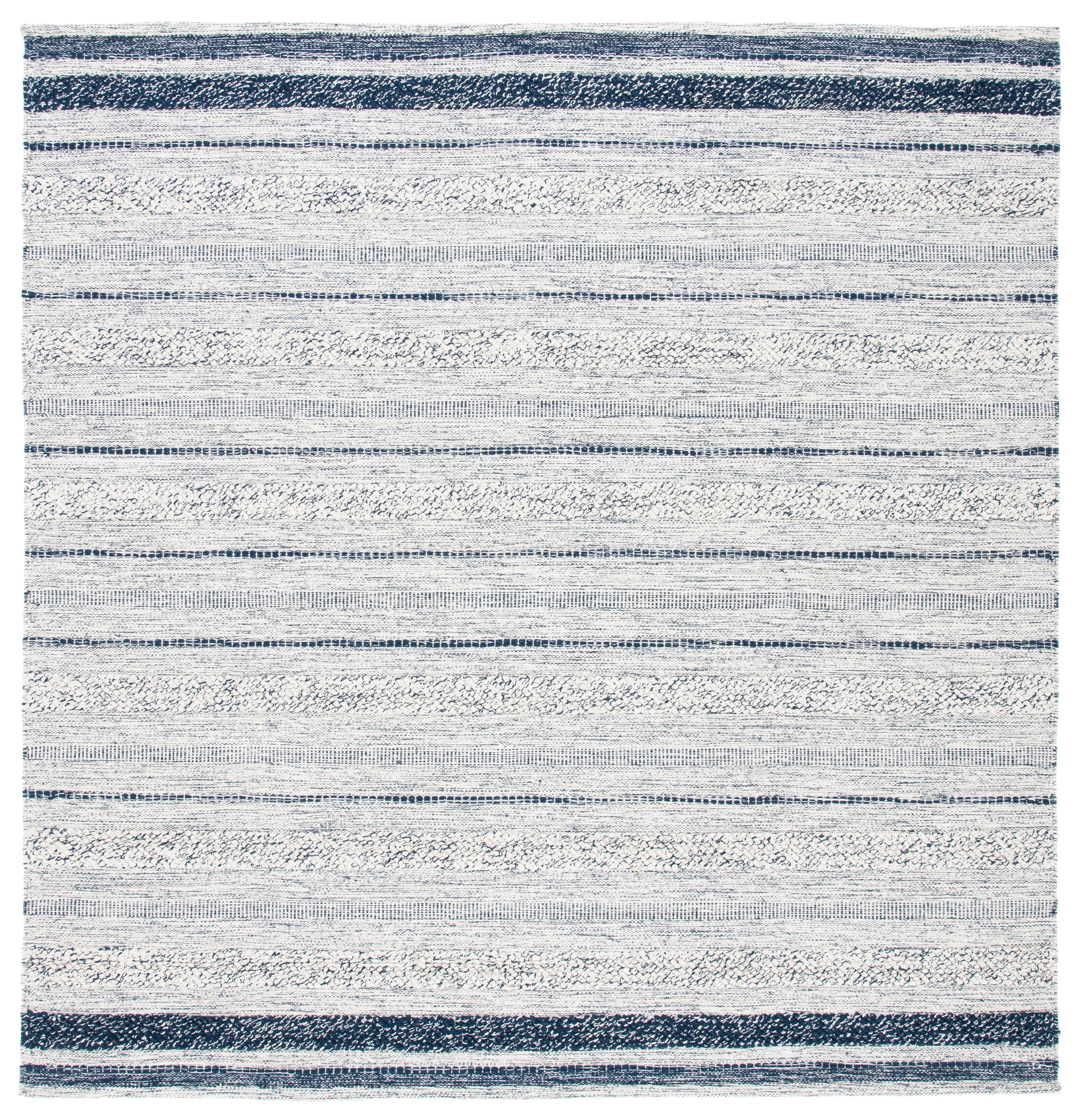 Ivory and Navy Square Handwoven Wool Cotton Area Rug
