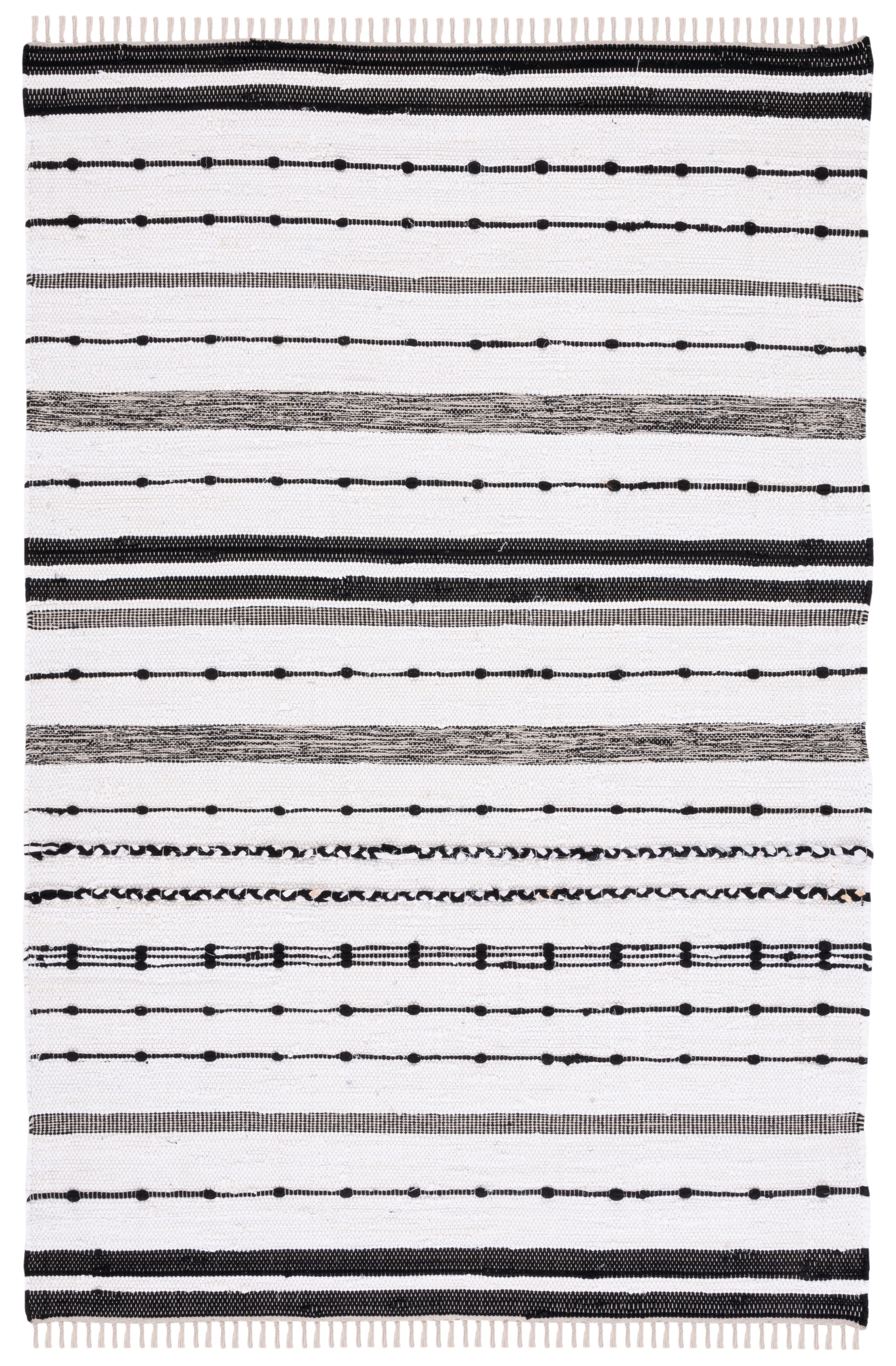 Ivory and Black Striped Wool Cotton 4' x 6' Area Rug