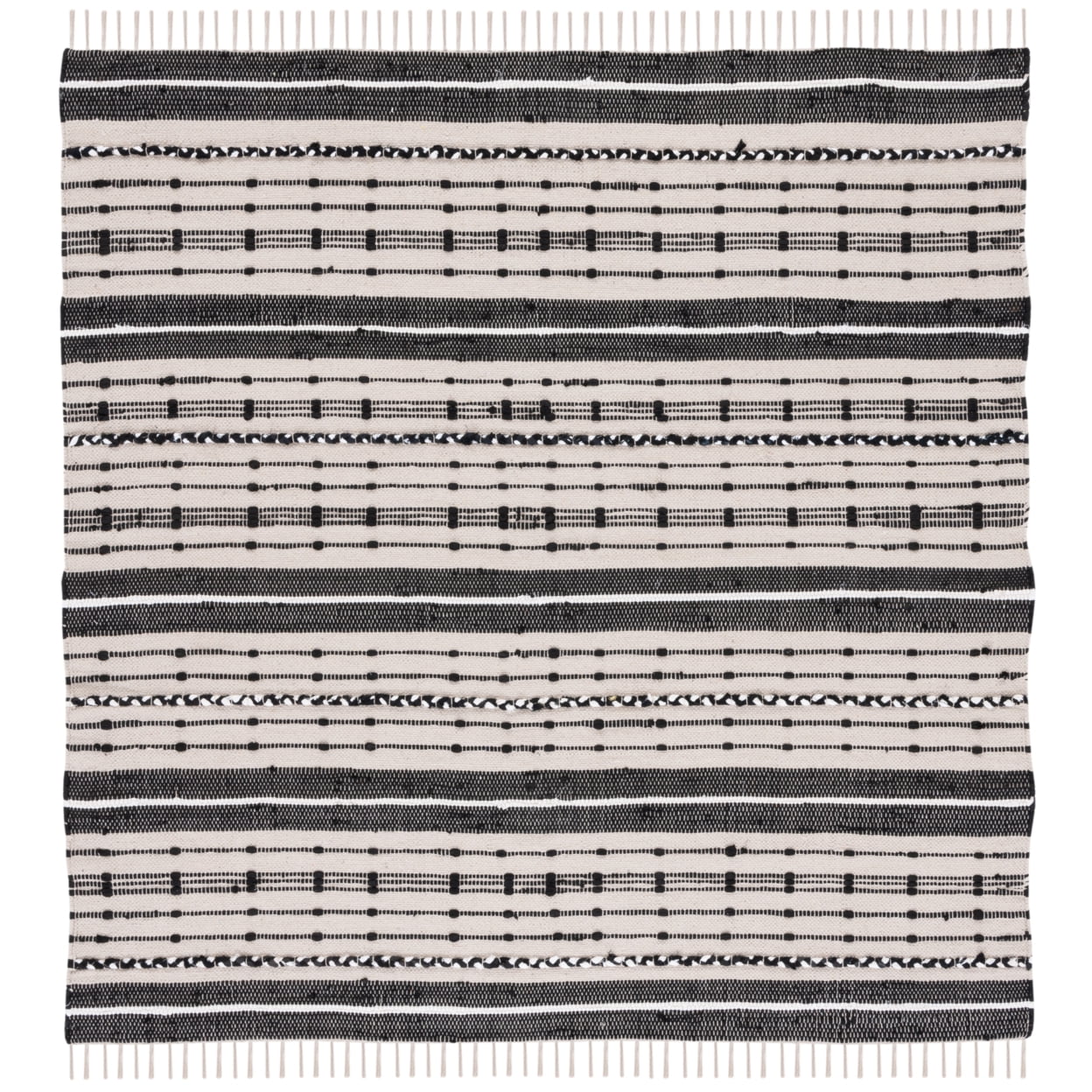 Boho-Chic Black and Beige Striped Kilim 6' Square Wool Rug