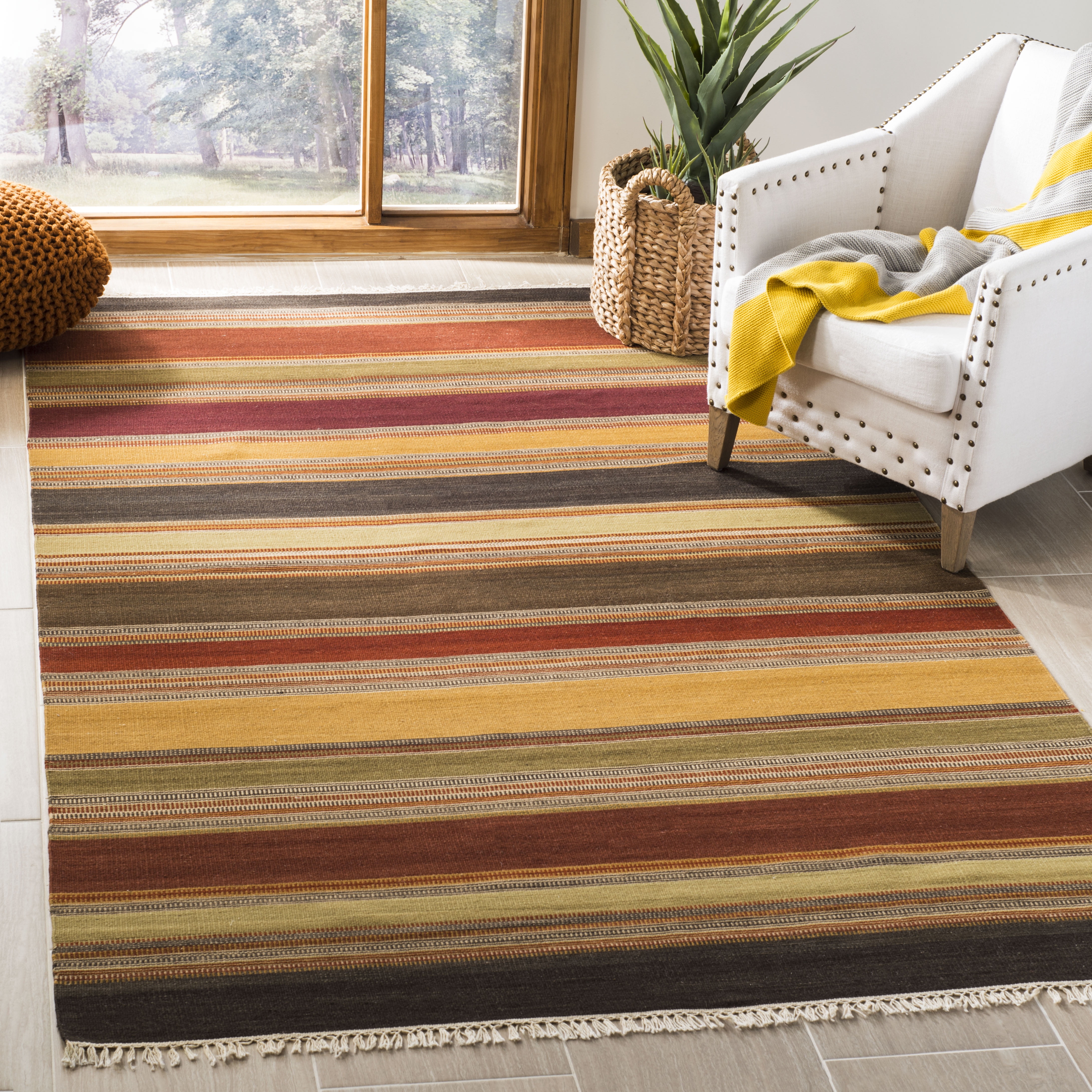 Handwoven Red and Gold Striped Wool Area Rug 5' x 8'